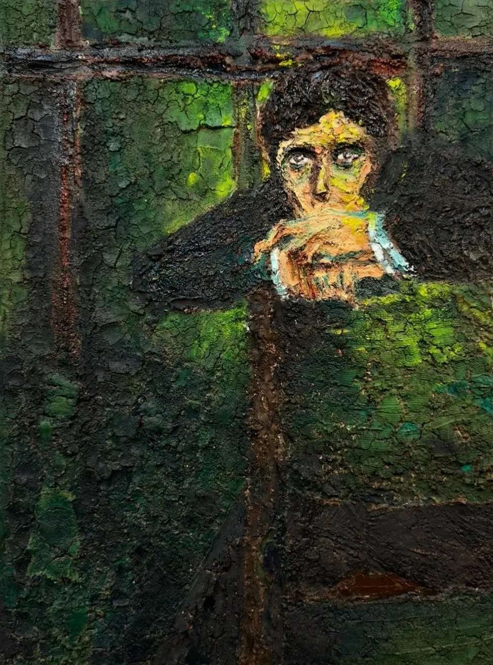 Green oil and terracotta painting on canvas, PVA, no figure leaning against fence against dark green Forest background, Anoushka Bhalla, Indian artist addressing Colonial archives history photographs.