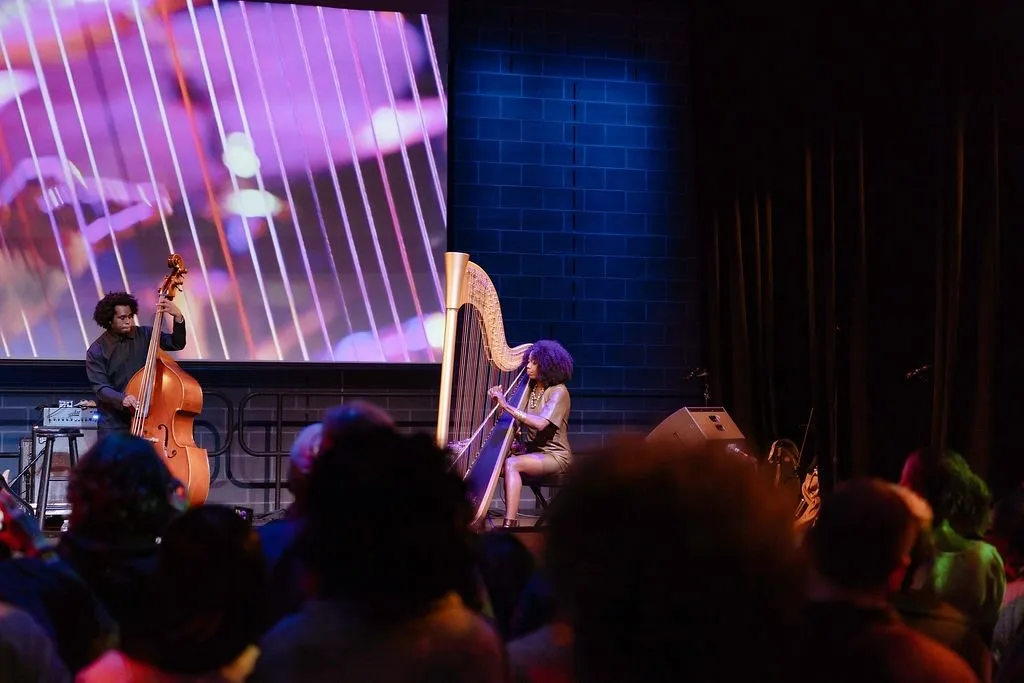 Bass player Rashaan Carter and Brandee Younger pedal Harpist on stage at BRIC jazzfest 2024, performance with audience jazz music, opening night review, Sterling Corum Julia Drummond.