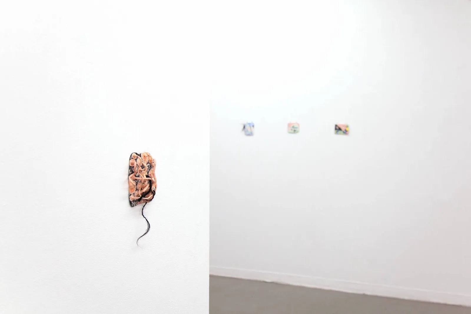 Snail Trail is on the left side of the wall, Lulu Luyao Chang solo exhibition, little knots in my hair Gallery 456, Chinese social construct installation sculpture.