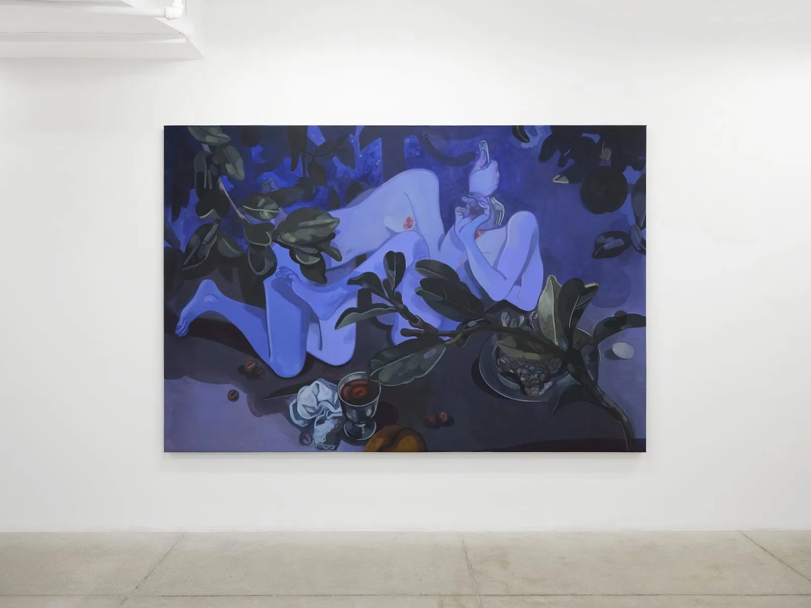 Stephanie Lucchese, when it is too dark to see I watch anyhow, purple blue painting of two figures intertwined under plant, pathways group exhibition mama projects.