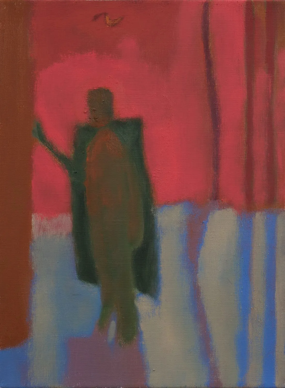 Paula Querido, a capa, red abstract painting with caped figure wandering in empty space, pathways group exhibition at mama projects, reviewed by emma fiona jones.