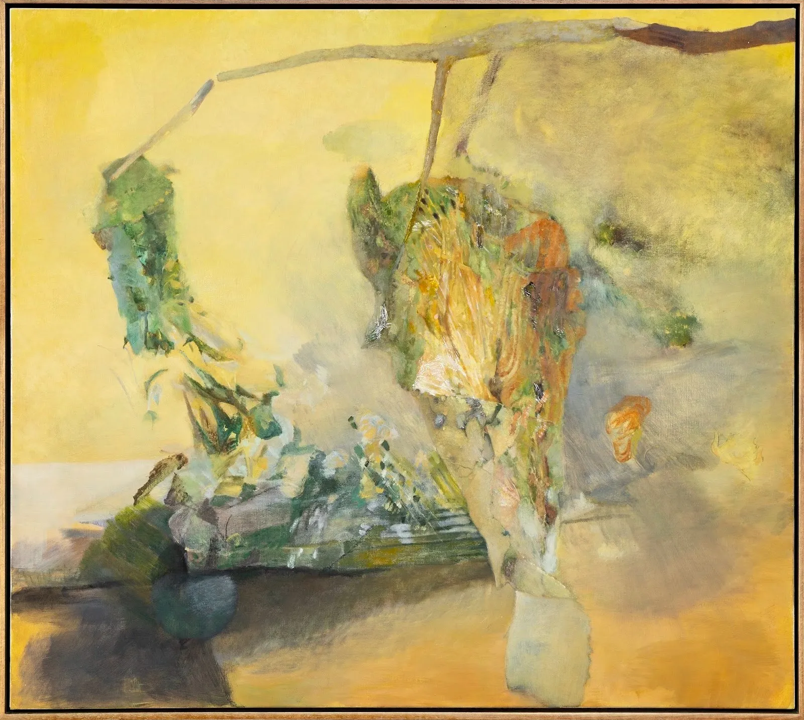 Abstract yellow and green oil painting, Shiwen Wang, leaves and cocoons, gestural, the river returns nothing of what it takes, Michael Kohn gallery solo exhibition.