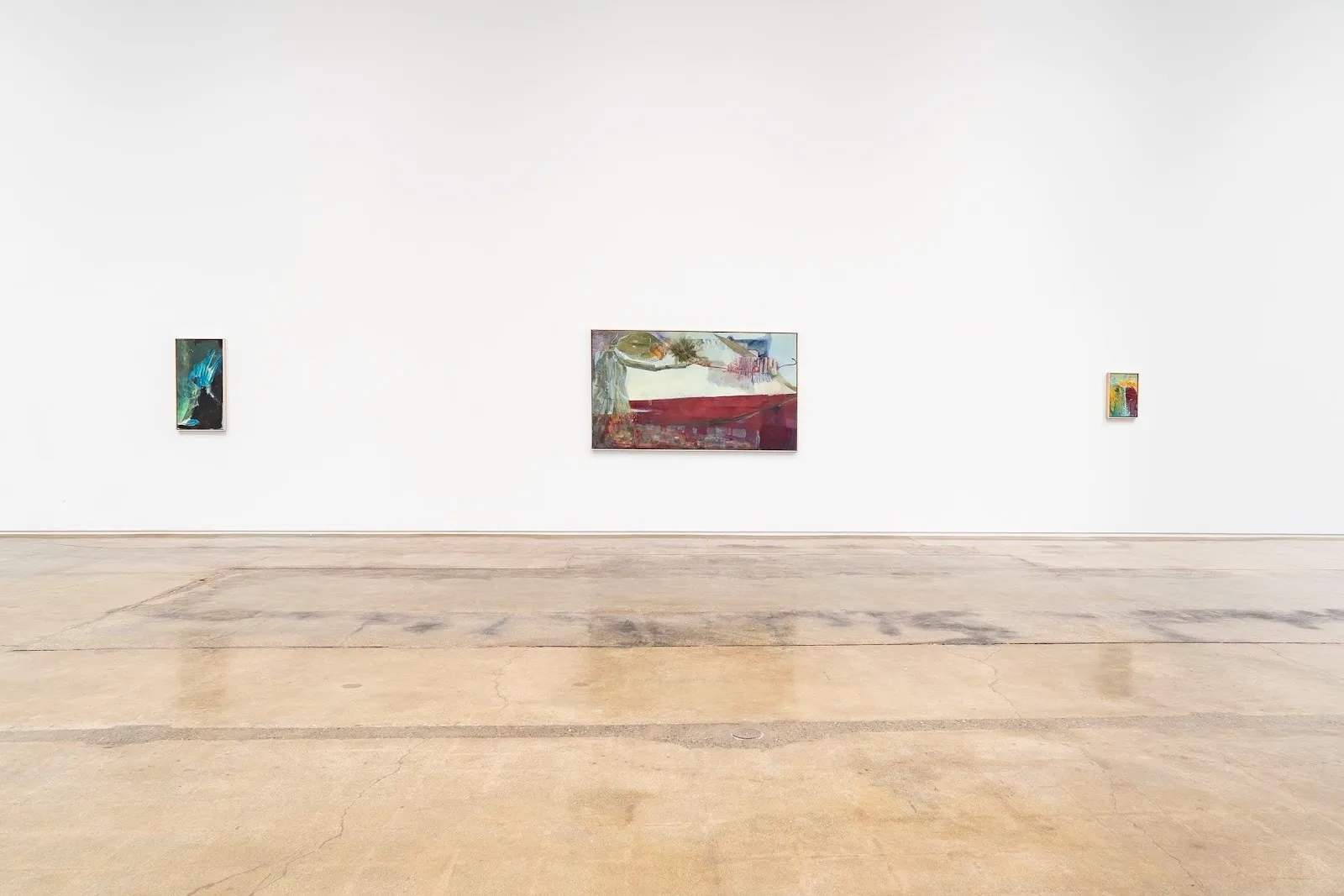 Oil paintings installed in white cube gallery room, Shiwen Wang, Excavate the Wind, gestural, the river returns nothing of what it takes, Michael Kohn gallery solo exhibition.