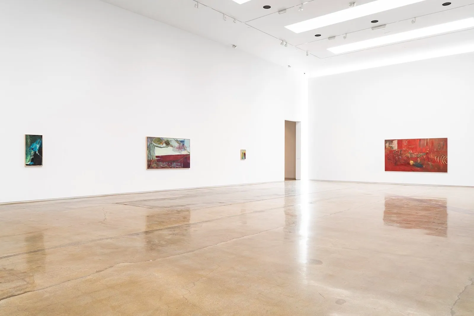 Oil paintings installed in white cube gallery room, Shiwen Wang, Excavate the Wind, gestural, the river returns nothing of what it takes, Michael Kohn gallery solo exhibition.