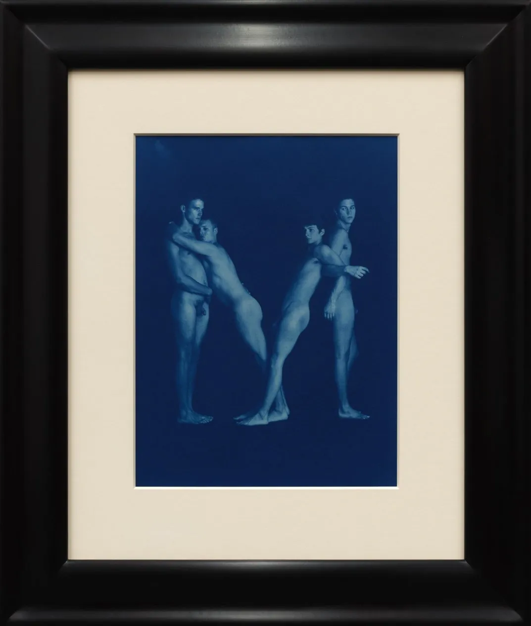 Cyanotype print of figurative photography Peter McGough, the letter m, karma gallery alphabet solo exhibition, male nude photograph greek ideal body.