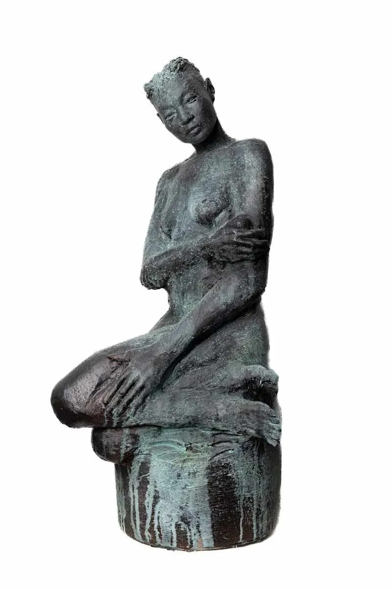 Ceramic sculpture of naked woman sitting with bronze oxide coating on marble base, austen brantley, interlude, impulse magazine interview with jenny wang.