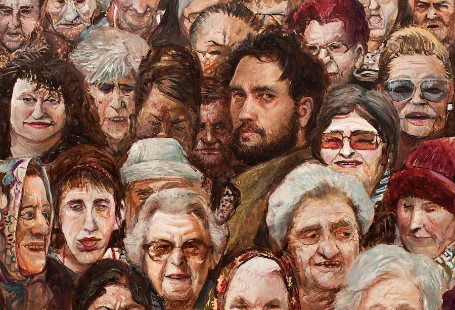 Oil painting, croatian man amid an ocean of grandmothers' faces, stipan tadic, detail of self portrait with grandmothers 2012, oil on canvas, interview with mariado martinez perez.