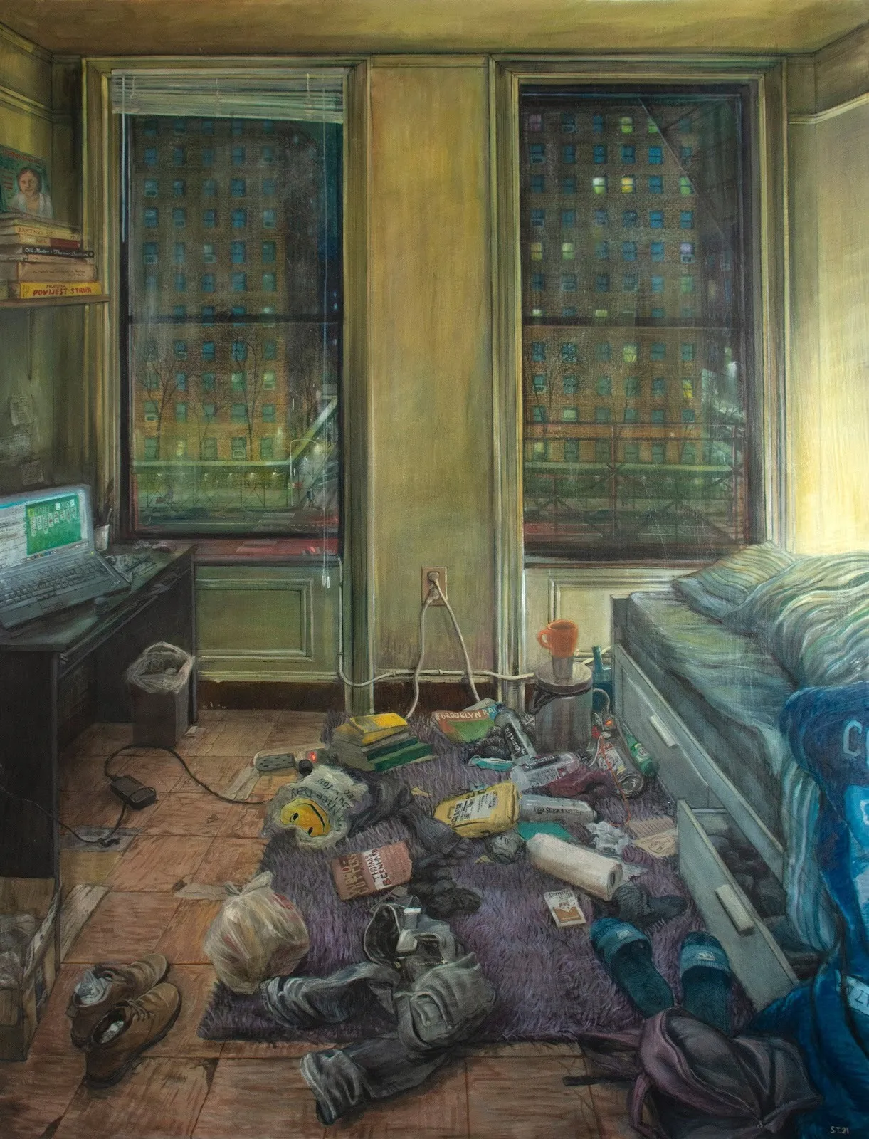 Cluttered New york city apartment interior with jeans and everyday stuff scattered on carpet, bed and computer desk in front of windows, stipan tadic oil painting, the room columbia thesis, interview with mariado martinez perez.