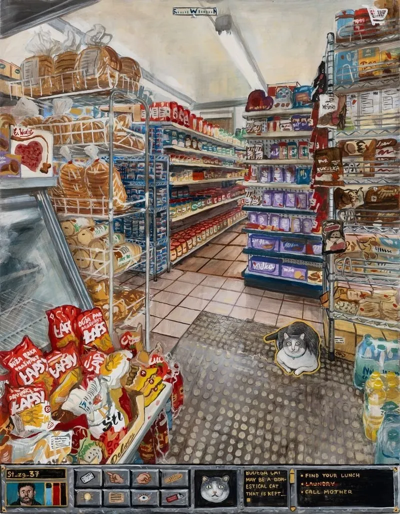 New York city bodega with cat sitting in front of shelves, game interface, stipan tadic bodega cat 50 st, oil painting, interview with mariado martinez perez.