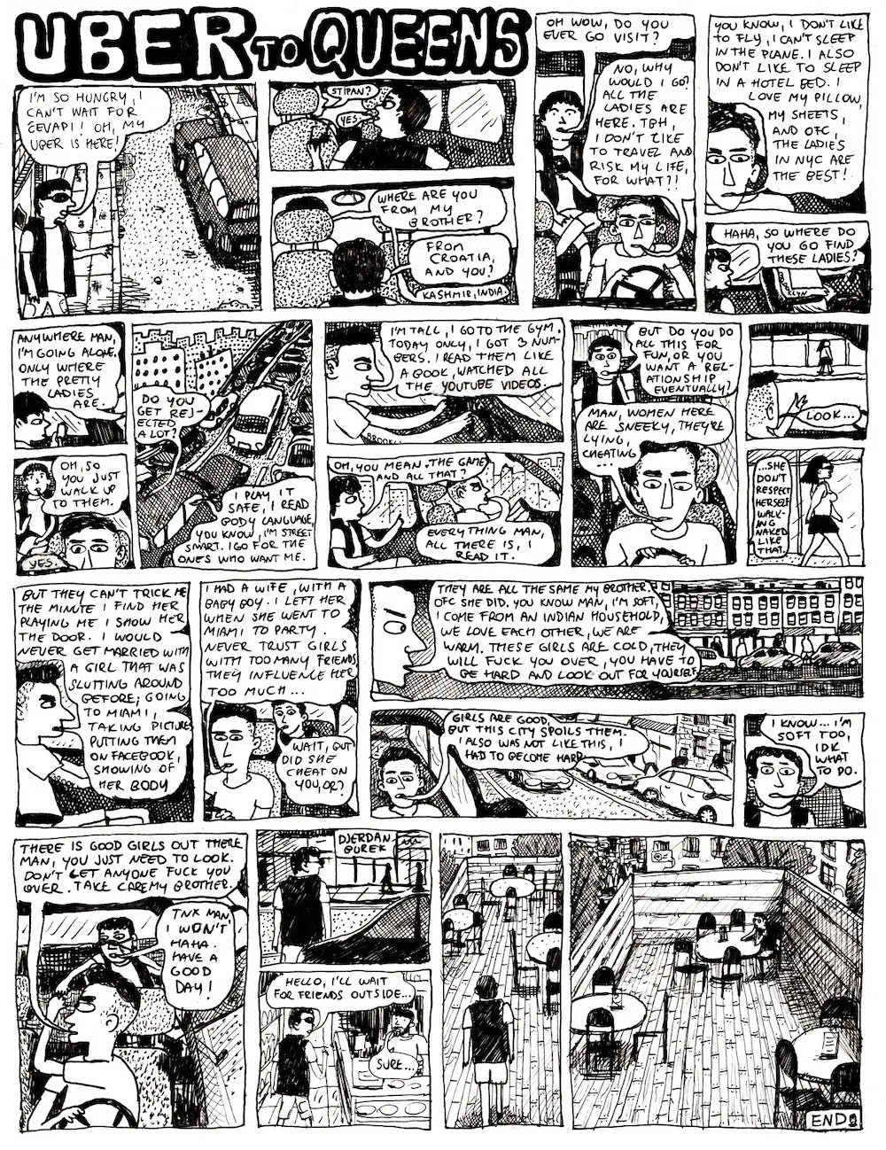 Stipan Tadic, black and white comic page, uber to queens, interview with mariado martinez perez.