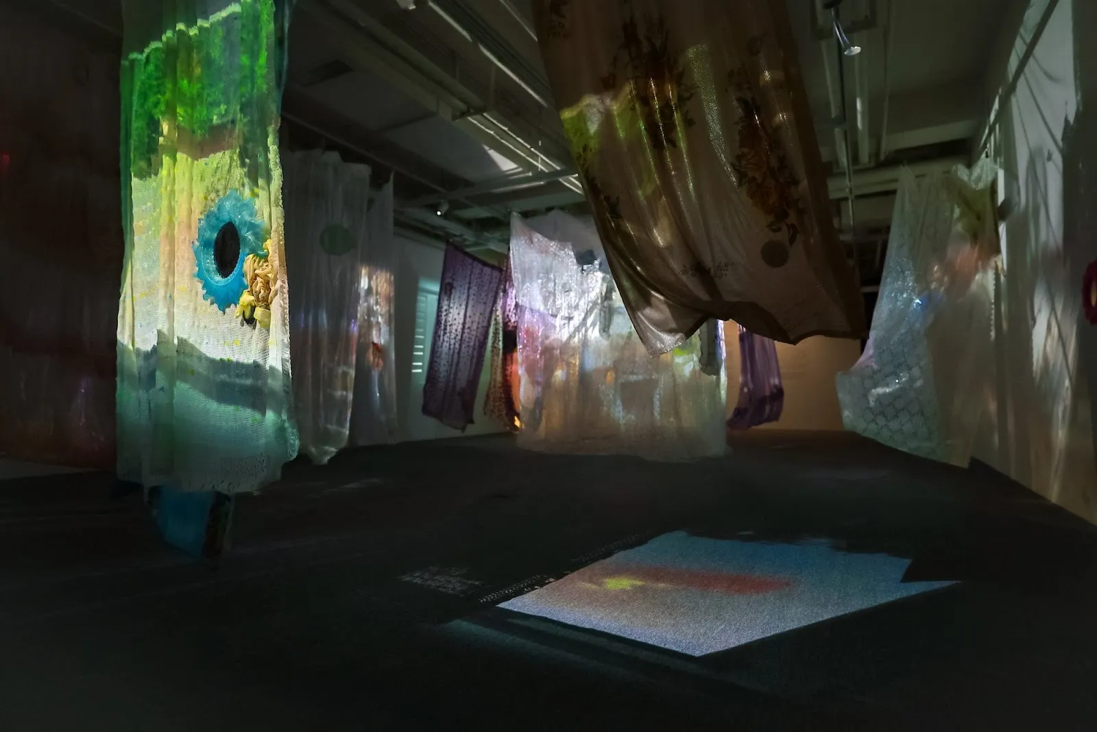 Resin-hardened fabrics with video projections installed in how art museum, shanghai, JinJin Xu, What Would You Hear If You Could? #9: As If We Are In Between Sleeping and Waking, against this earth she knocks solo exhibition.