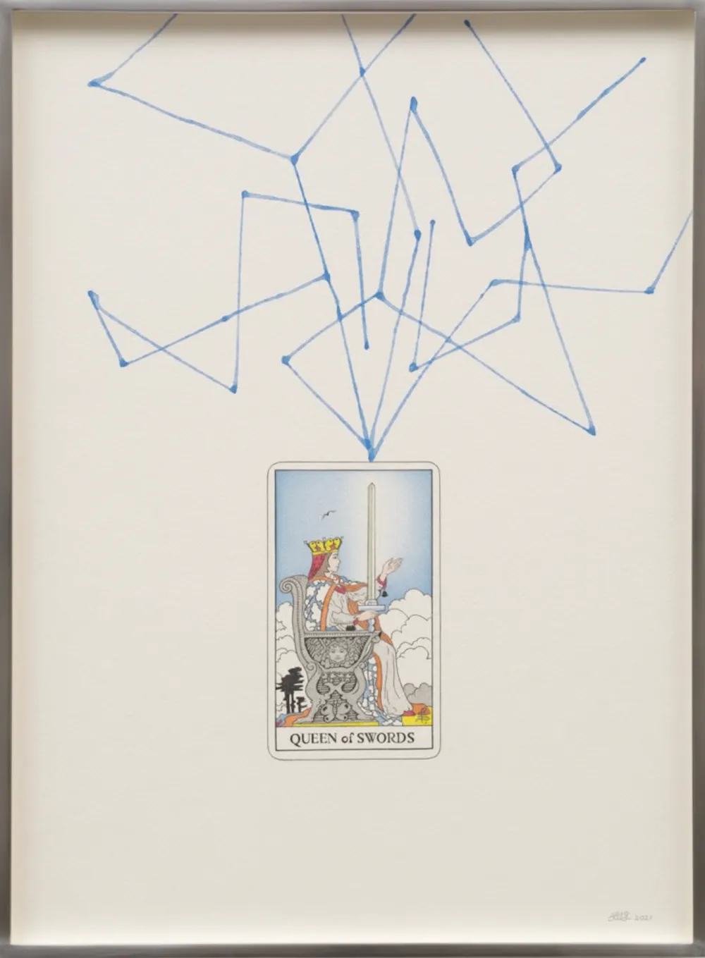Queen of Swords Tarot drawing with blue cosmic lines, Linda Stark, ethereal material solo exhibition at ortuzar projects, new york, review by corinne worthington.