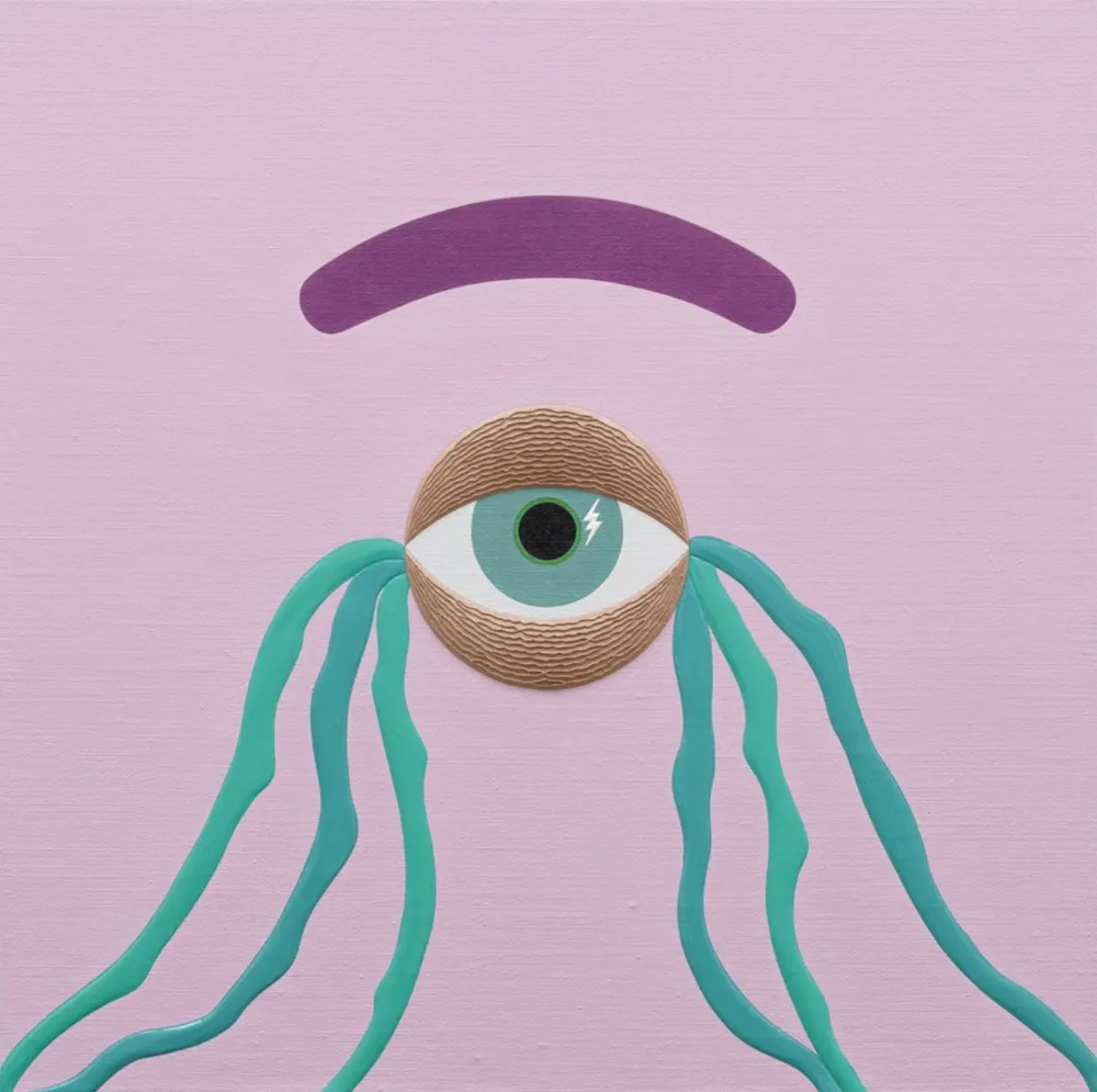 Purple drawing with teary eye at center, self portrait as cyclops, abstract geometry Linda Stark, ethereal material solo exhibition at ortuzar projects, new york, review by corinne worthington.