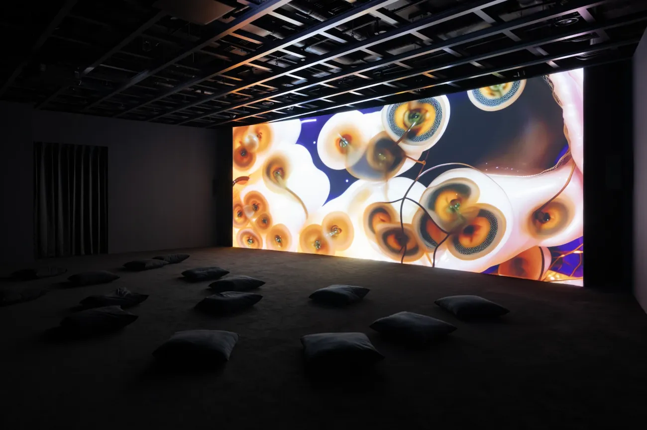 Anicka Yi, Each Branch of Coral Holds Up the Light of the Moon, video of coral organic matter on view on big screen in dark room, leeum museum of art there exists another evolution, but in this one, solo exhibition, review by Aidan Chisholm.