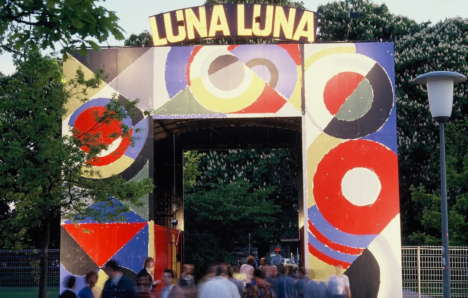 Sonia Delaunay, entrance archway and Luna Luna sign, hamburg germany 1987, art fair park arch, avant garde exhibition envisioned by andre heller.