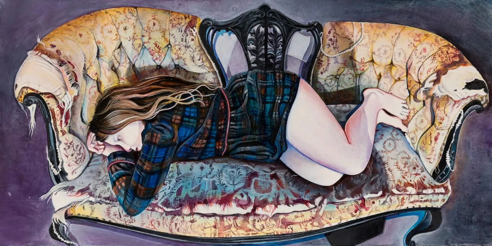Painting of reclined female figure on a colorful but worn couch against a purple-grey background.