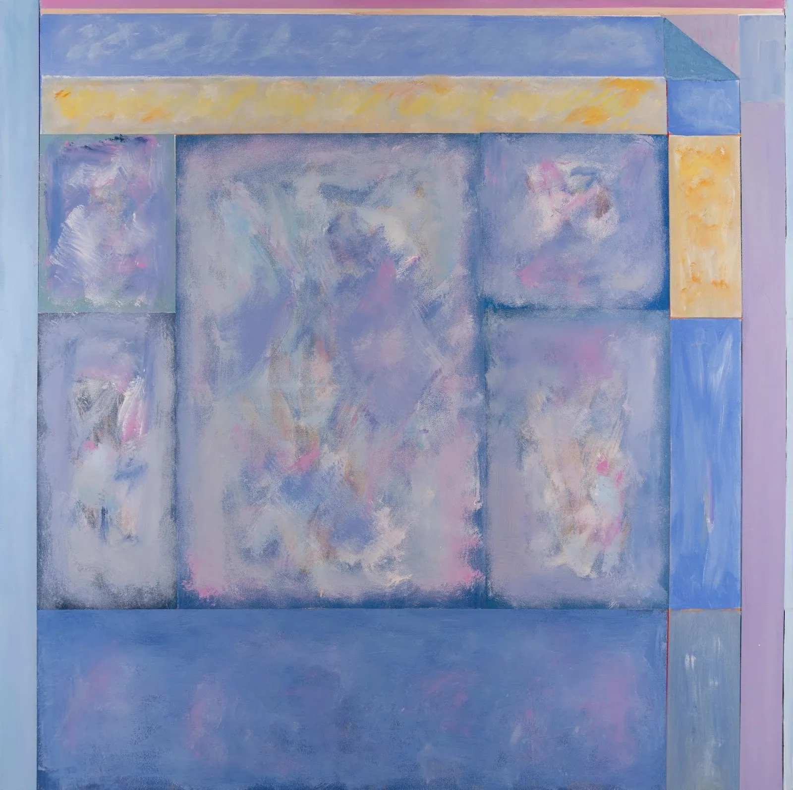 Close-up of a pastel-toned abstract painting with soft lavender, blue, and yellow blocks framing a textured central panel.