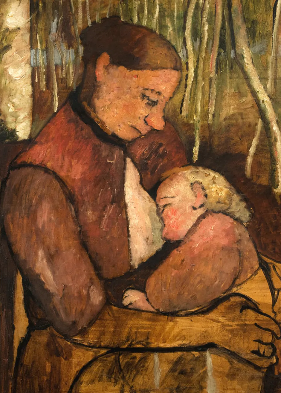 Paula Modersohn-Becker: Ich bin Ich / I Am Me at Neue Galerie New York, review by Colette Bernheim, feminist painter and motherhood, nursing mother in front of birch forest