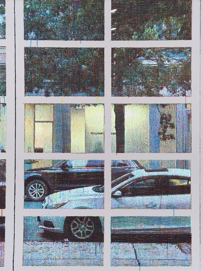 Asher Liftin, Marks on a Grid, window frames painting with two cars, impressionistic and algorithmic.