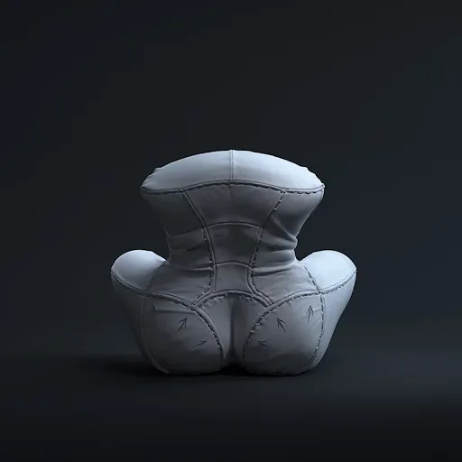 Promotional poster of NAGABABA chair by Mariusz Warsinski and Wamhouse Studios, white leather chair in the shape of a woman's body against dark room background.