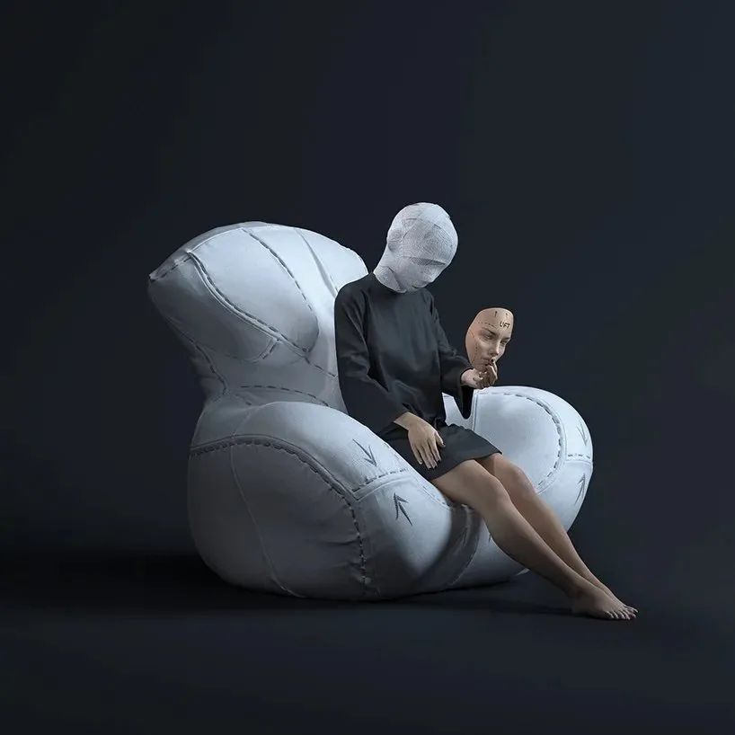 Promotional poster of NAGABABA chair by Mariusz Warsinski and Wamhouse Studios in a dark room, model with head wrapped in bandage looking into face mask sitting on a white leather chair in the shape of a woman's body.