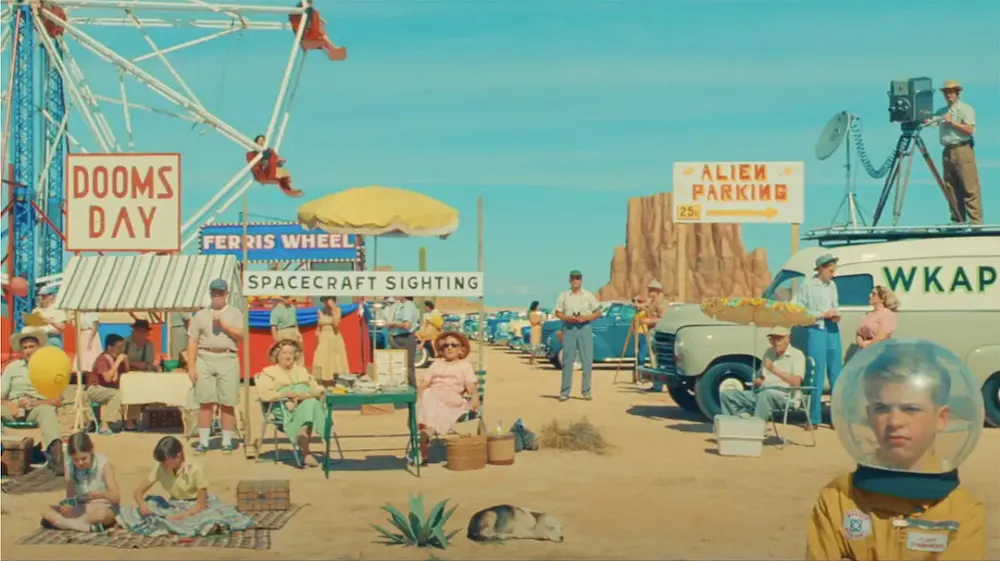 Strange turquoise scene in desert setting with billboards and children playing on the sand, looks like surreal summer painting.