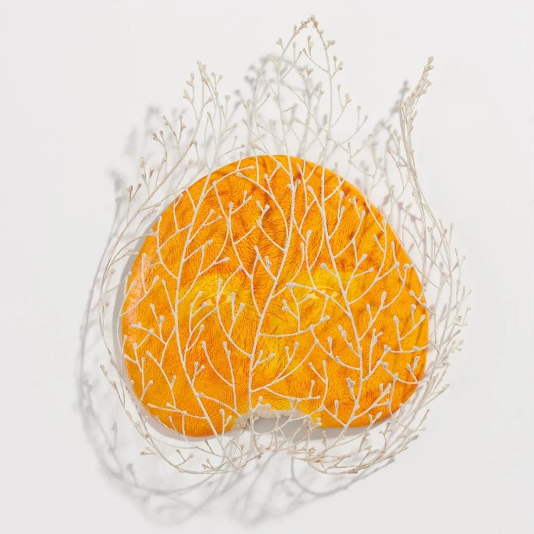 David Anaya Maya's orange peel sculpture with white net or hair structure around it, sculpture epoxy resin