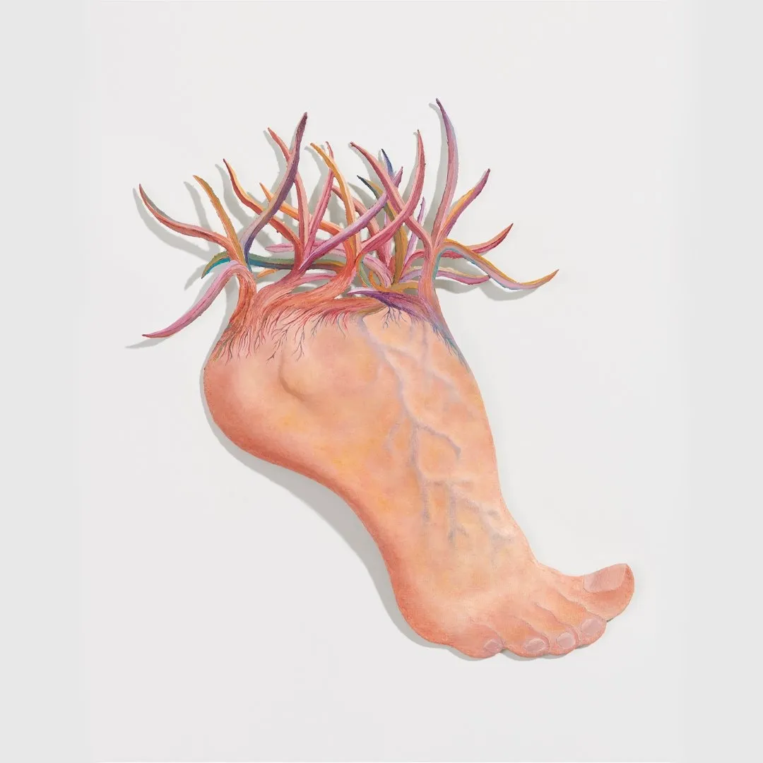 David Anaya Maya foot sculpture with veins cut off on top, epoxy resin, titled Kikuyo as part of High Noon Gallery's exhition Providentia.