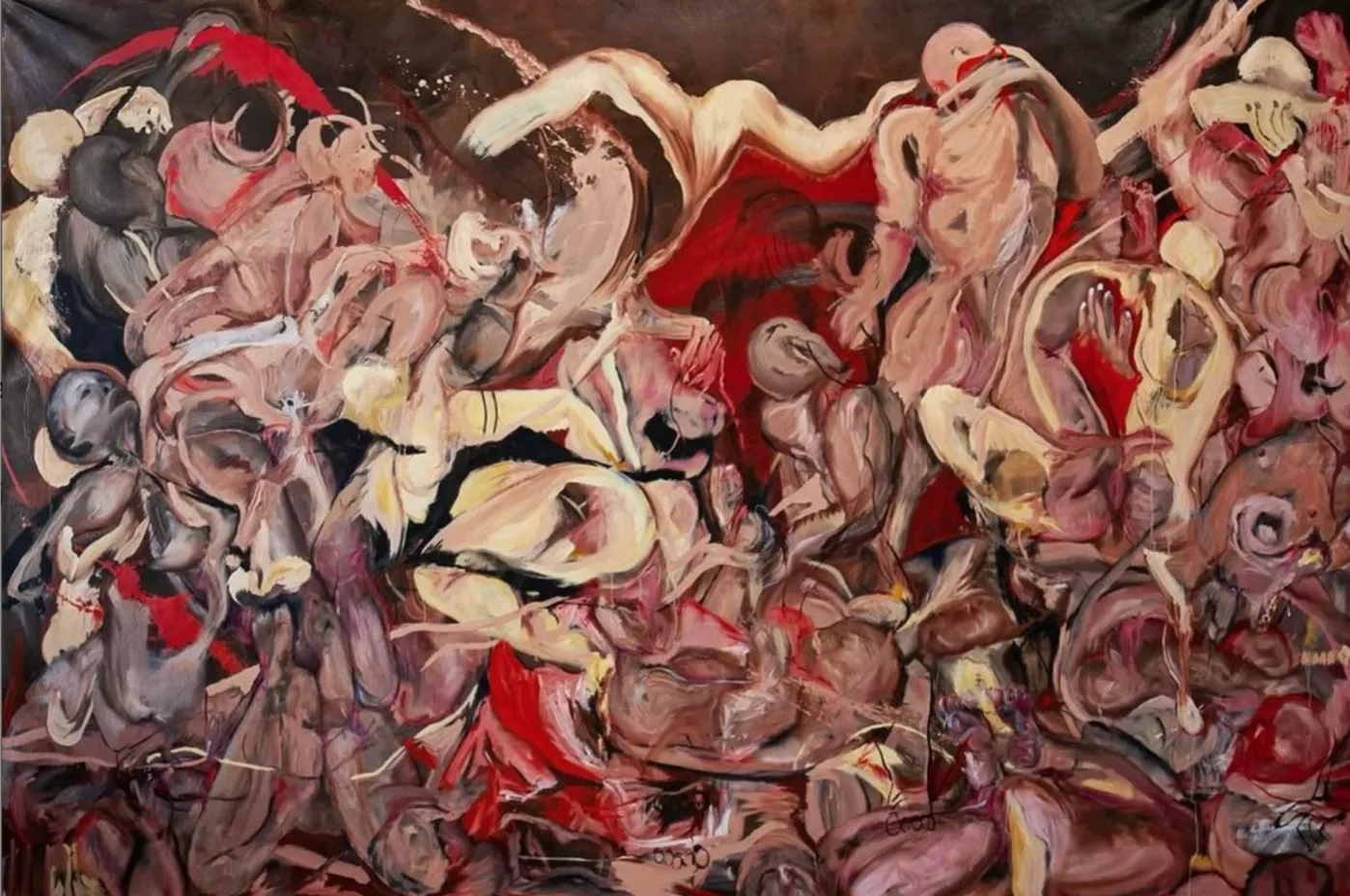 Gabi Dunayski's carnal red and pink gestural painting pussified nation, expressionist brushstrokes.