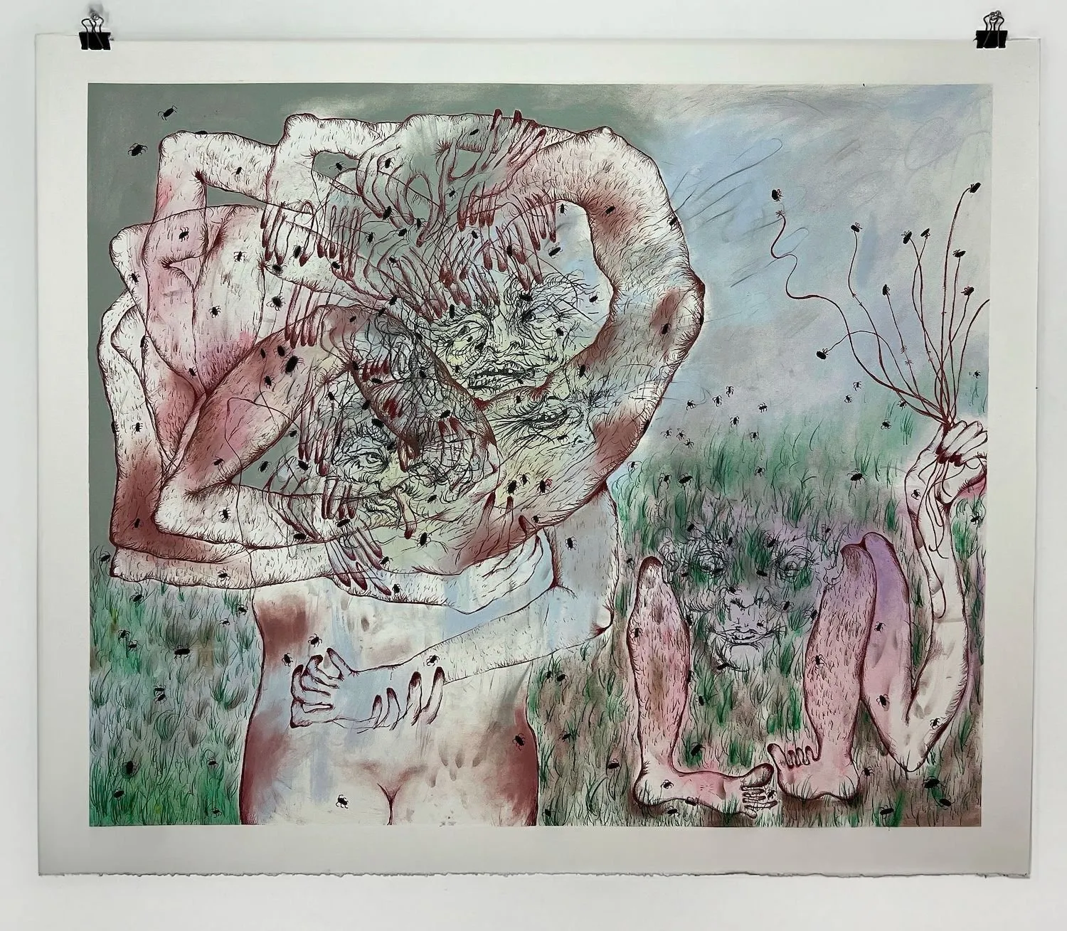 Drawing of mythological figure with multiple arms and hands scratching itself in a garden looking visibly uncomfortable, some limbs are detached.