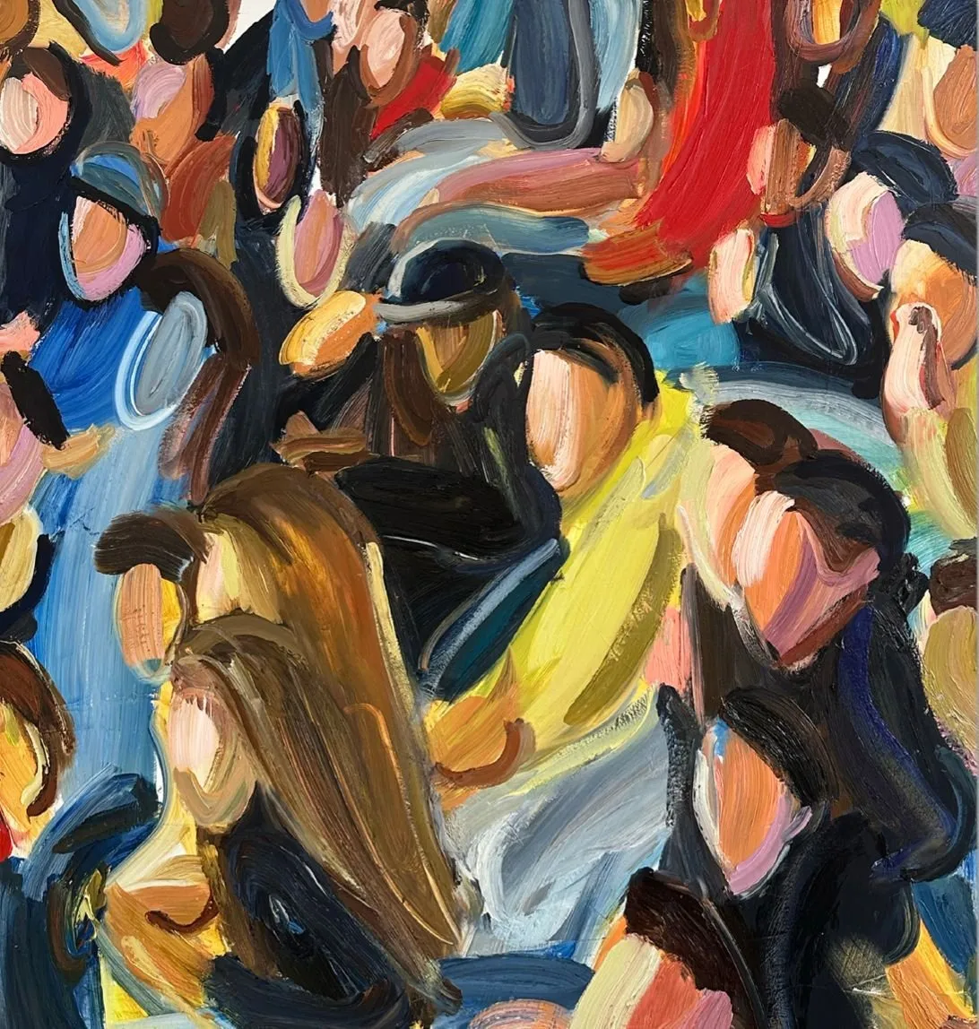 Lauren Krasnoff's abstract expressionist gestural painting depicting rapidity of crowds.