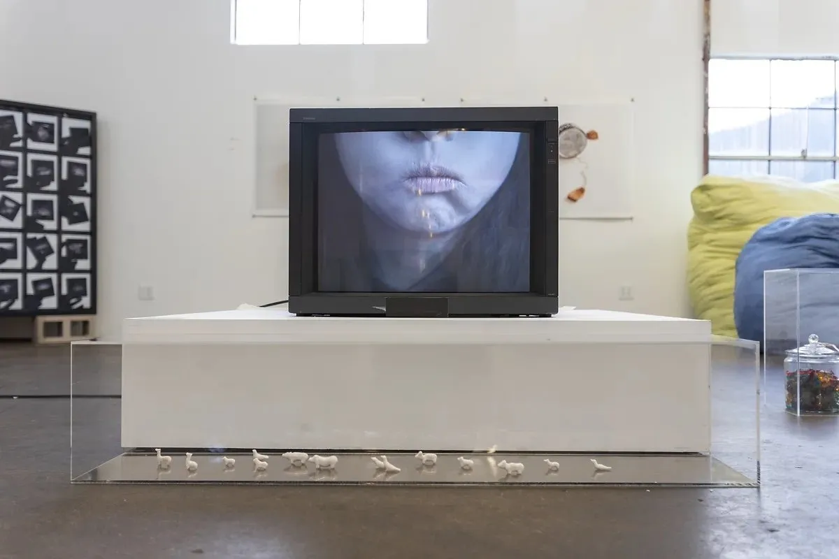 installation view of Ruoyi Shi's video work, Han, inspired by ancient Chinese funerary traditions. Mixed media 2024, video art, sculpture, photography, and text, history and culture