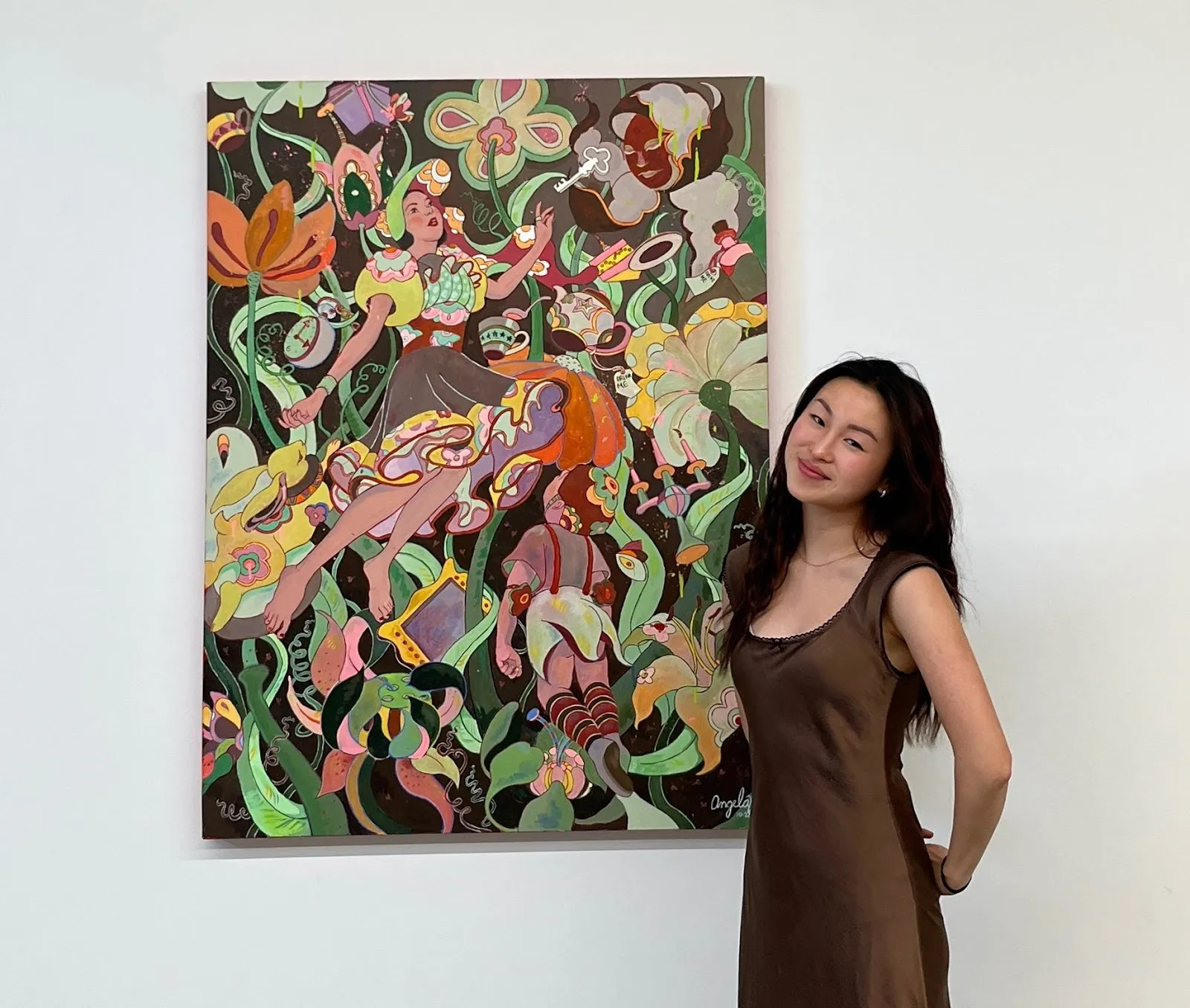 Angela Wei in front of her oil painting. fashion and art journalist, artist photographer painter model, Asian diaspora, US immigration and Canada, Chinese