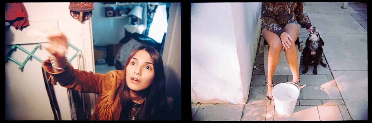 Two color analog photos of Amber Maalouf in bedroom and on street with dog.