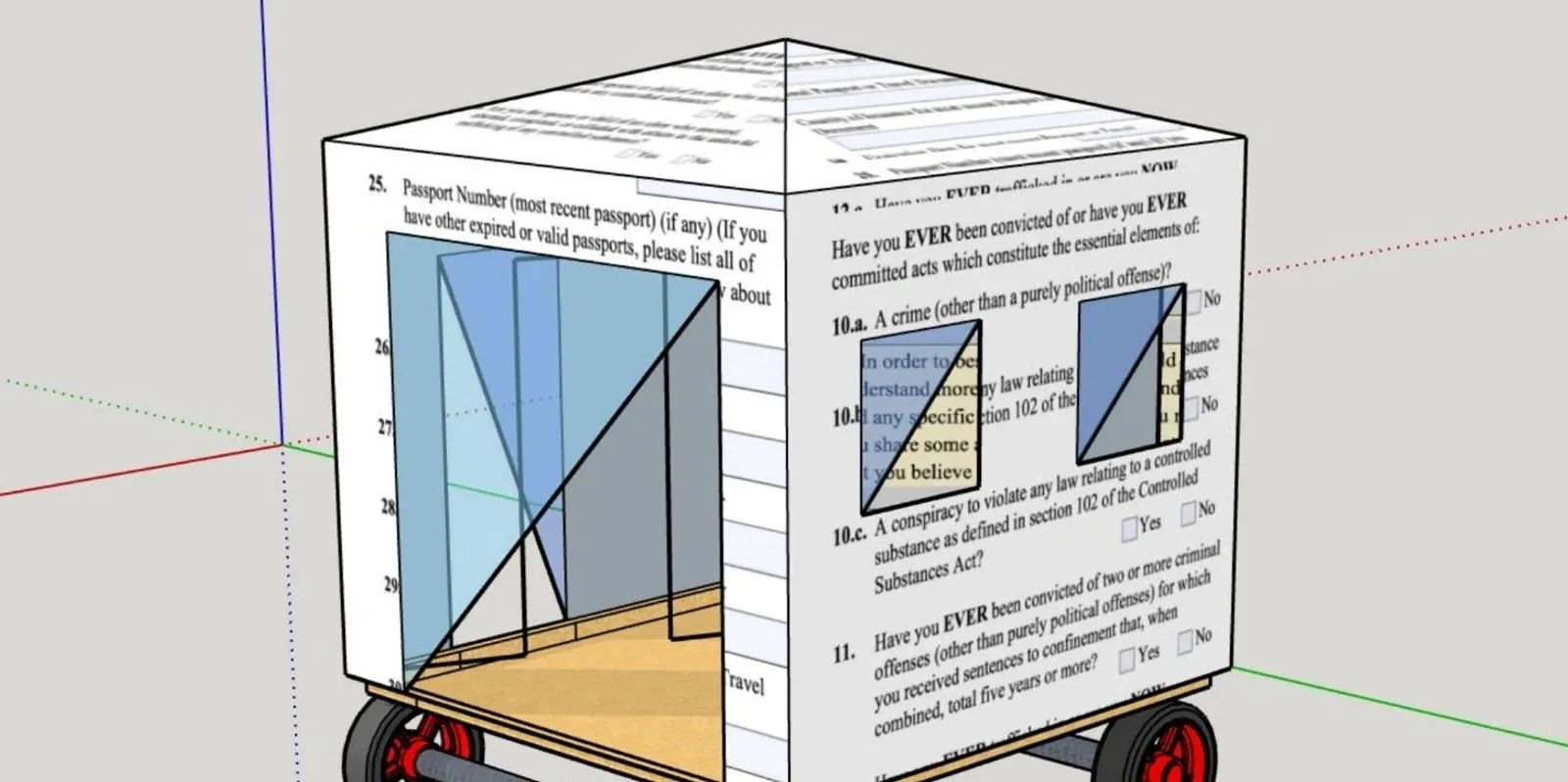 Sketchup rendering of paper mobile home with text immigration questionnaires, wheels, and an entrance, Xenoduo.
