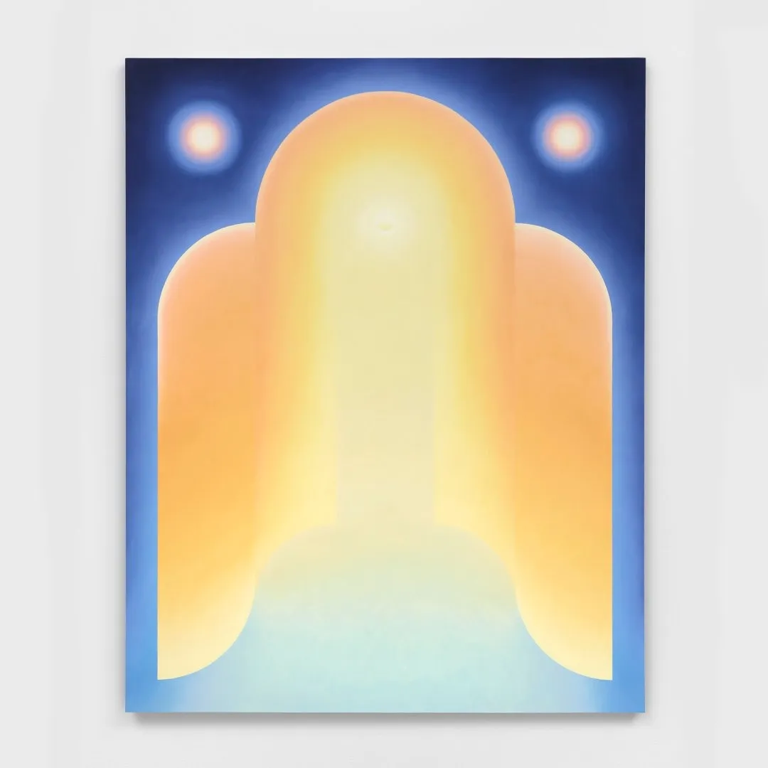 Clean geometric yellow orange and blue painting depicting an arch at rachel uffner gallery exhibition Arcus curated by Lucy Liu.