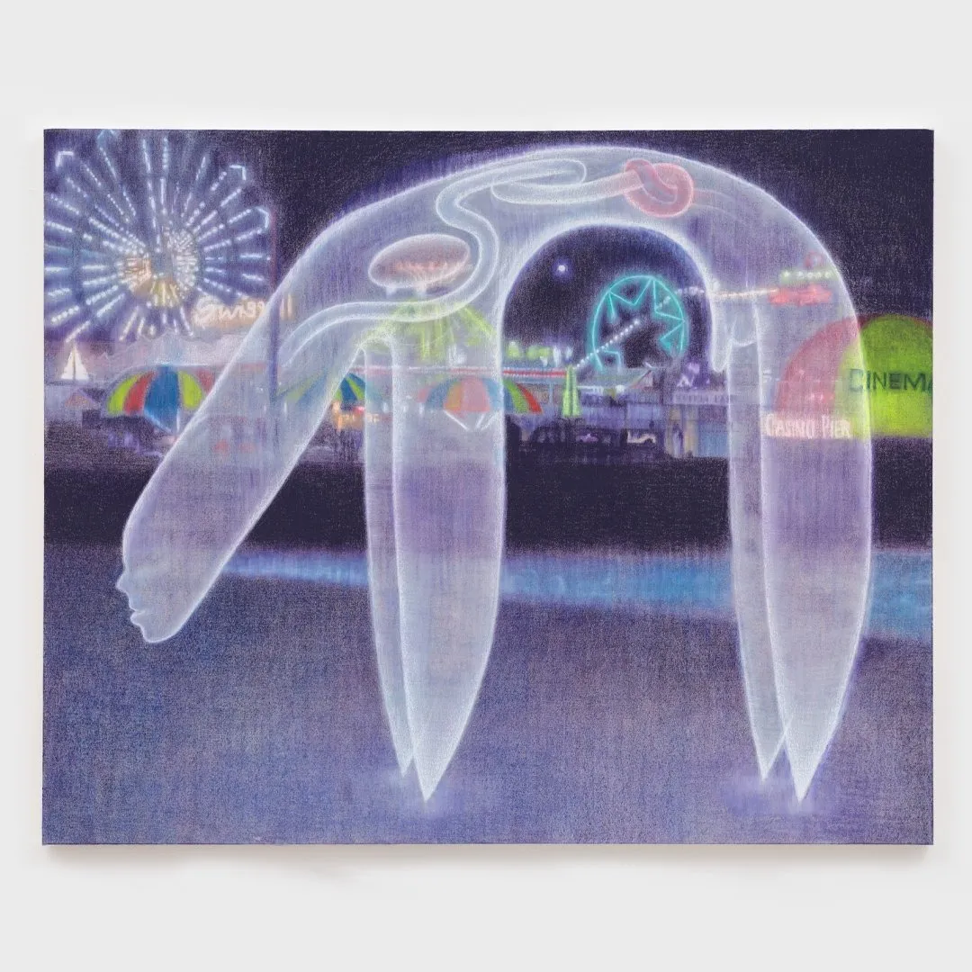 Ronan Day-Lewis, casino pier painting with purple background, balloon dog, and neon lights.