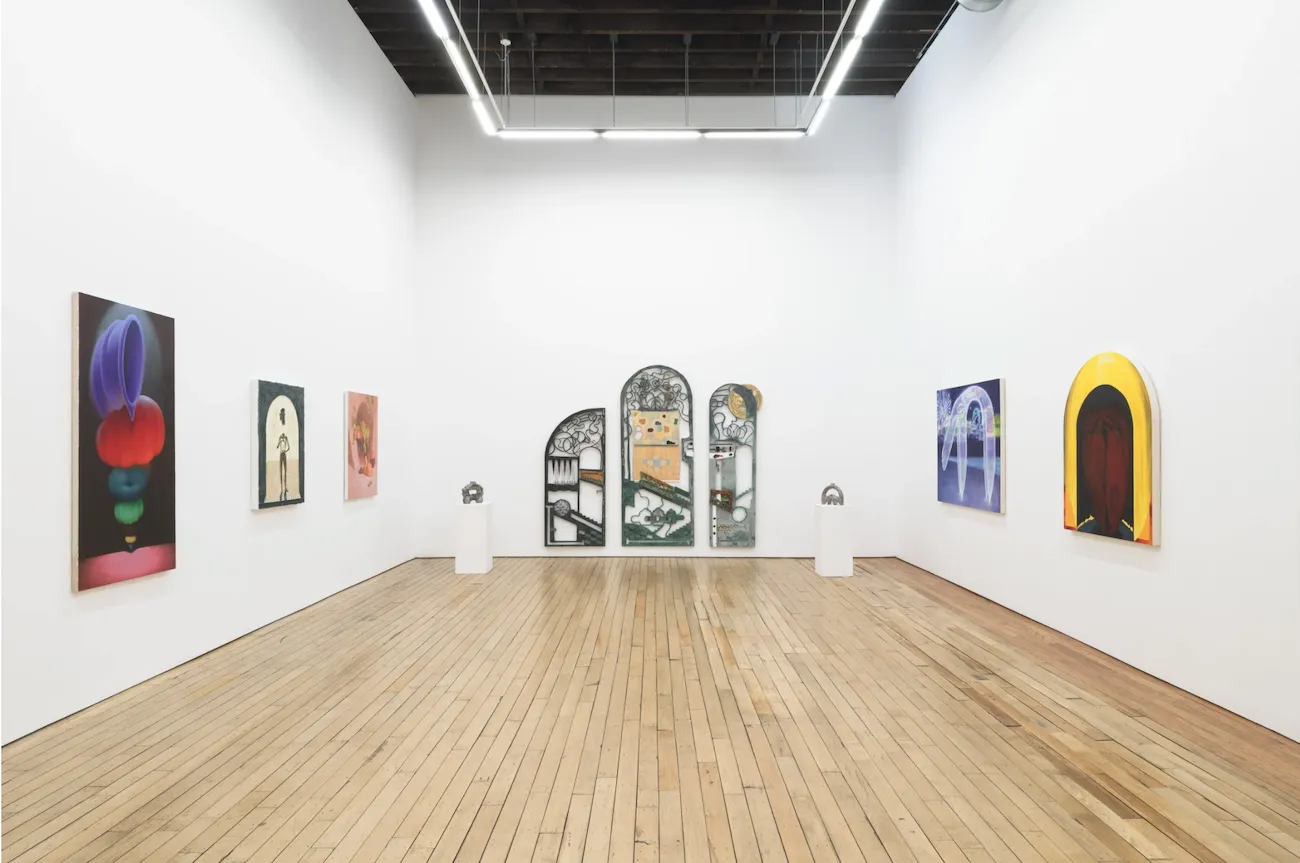 Installation view Arcus group exhibition of arches at Rachel Uffner Gallery, five paintings, two ceramic vases, and panel installation.