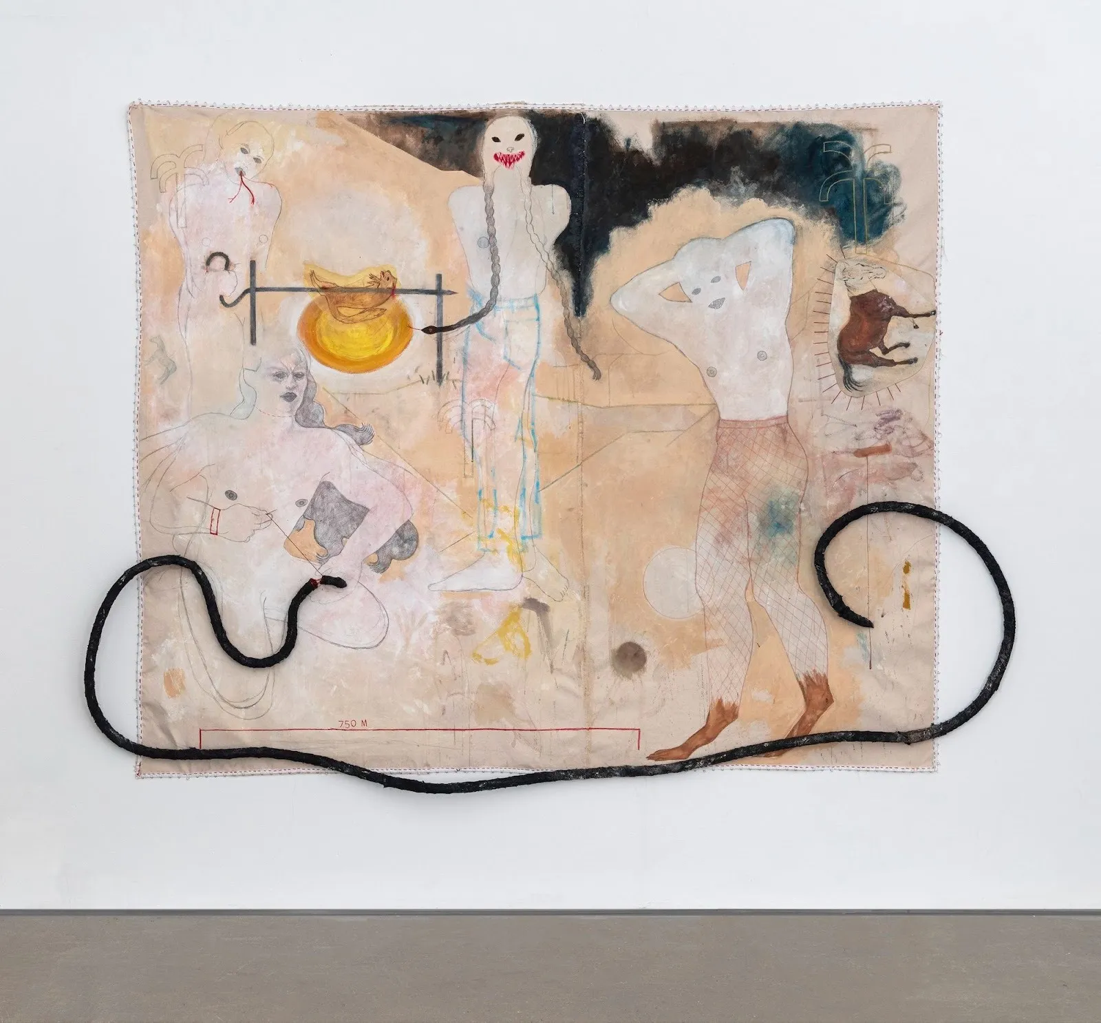 Collage painting with ghostly mystical figures, black smoke, long thread across bottom of canvas, and stitches at Amy Bravo's mythological solo exhibition TransmorgrificationNow! at Swivel Gallery.