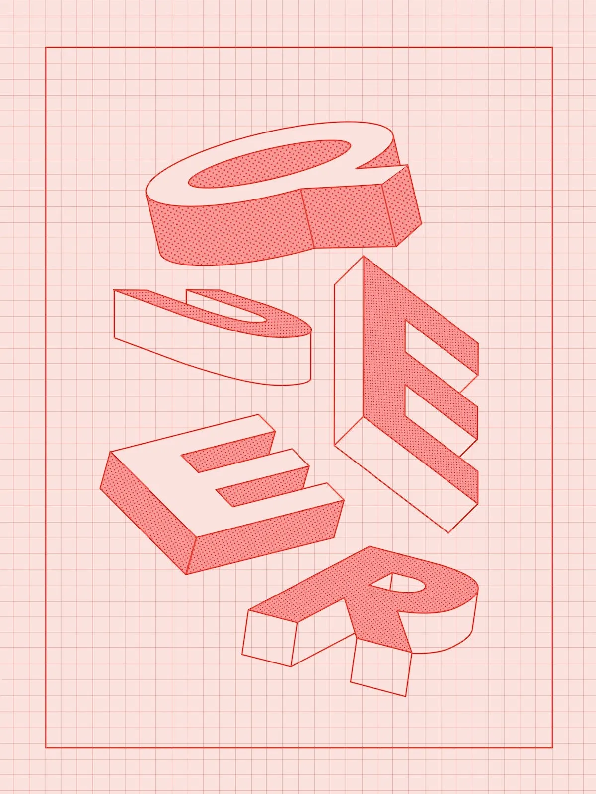 Pink axonometric typography "queer" word design by Heldáy de la Cruz, Queer Typography Show, Portland.