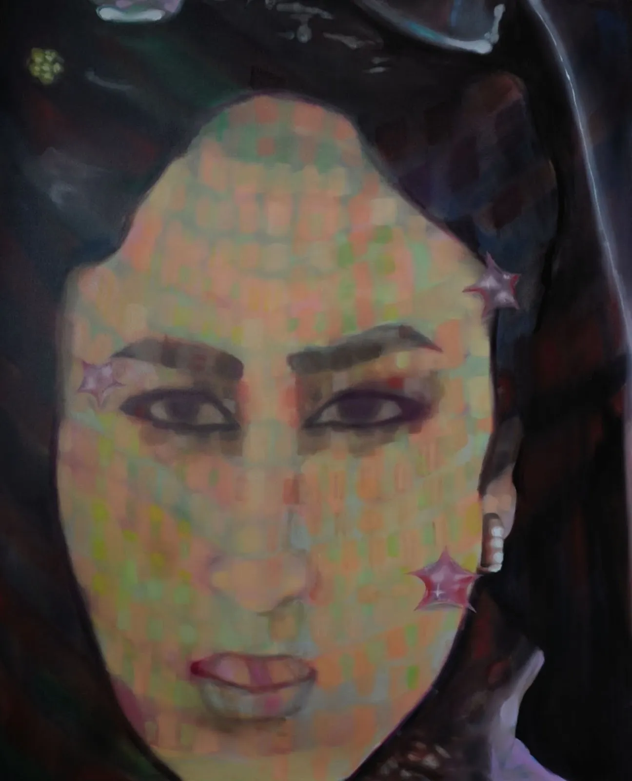 Oil painting of woman face from Bollywood cinema with pink stars and earrings by Maithili Chaturvedi, Pooja.