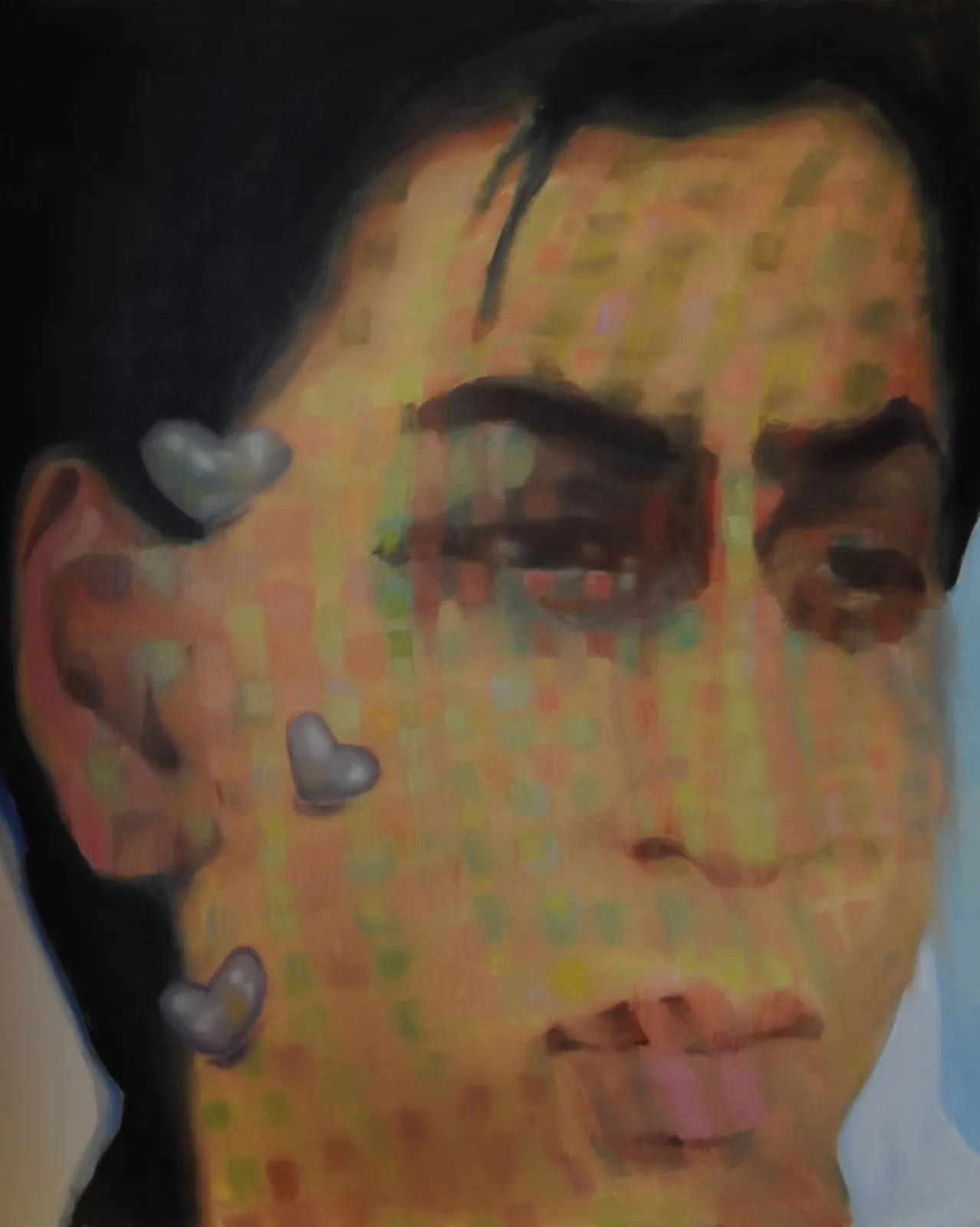 Oil painting of woman face from Bollywood cinema with silver hearts by Maithili Chaturvedi, Oh Rahul.