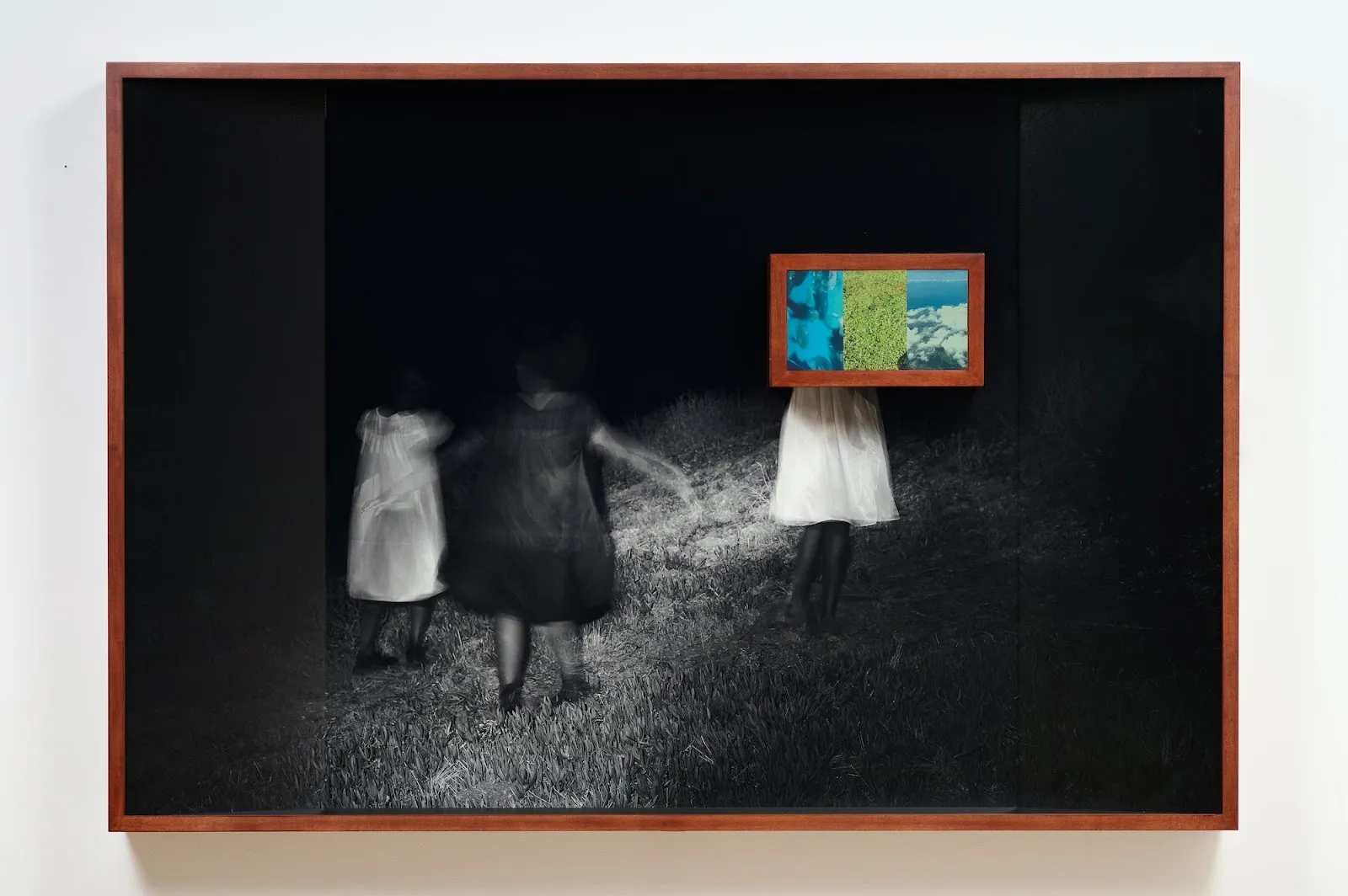 Widline Cadet, Ant yè ak demen (Between Yesterday and Tomorrow) at el museo del barrio, archival inkjet print of black and white photograph with embedded screen, girls running on field, sterling corum review of contemporary Latinx group exhibition.