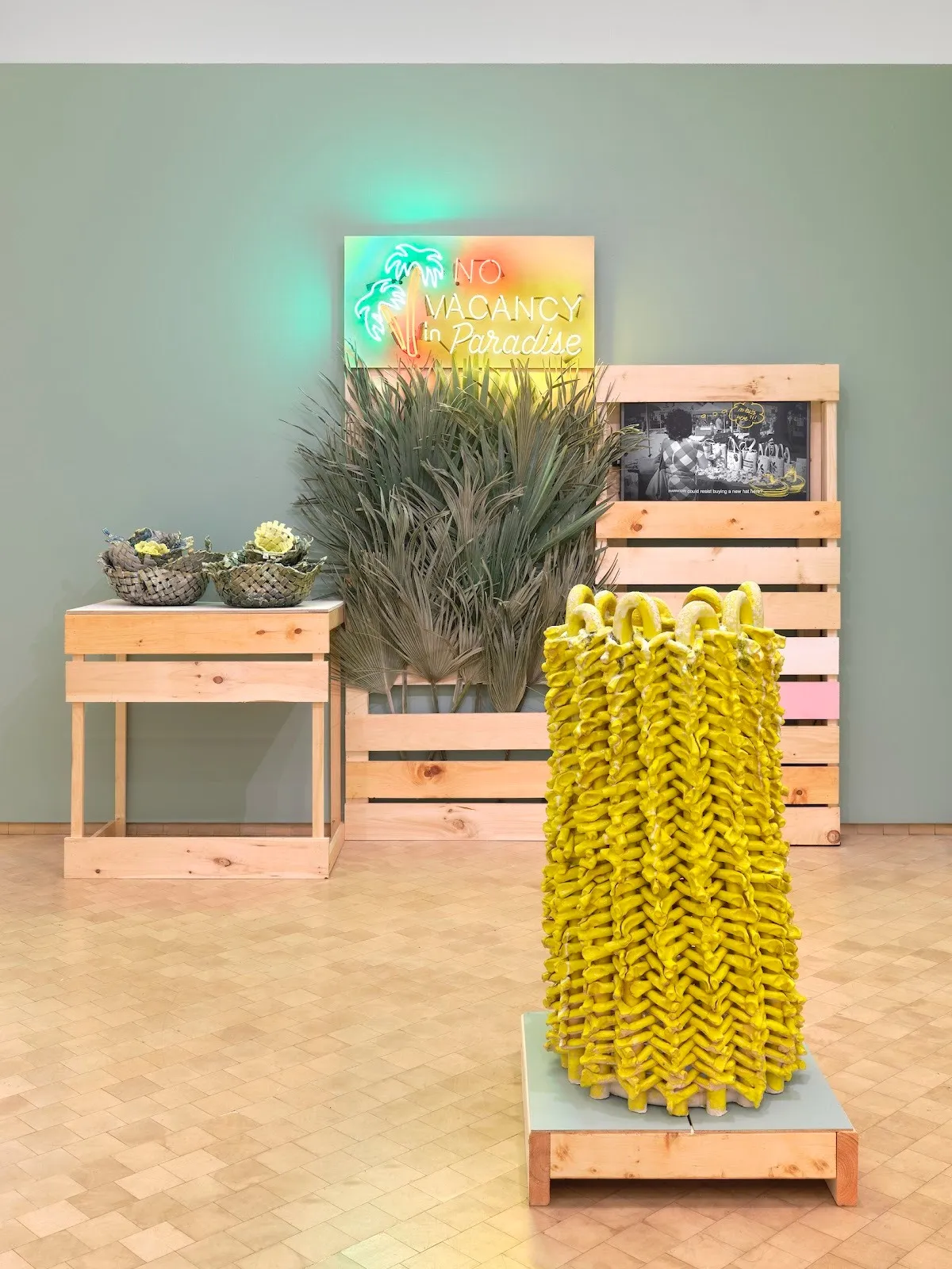 Anina Major’s In the Marketplace II, weaved pottery and neon signs, bahamas reference el museo del barrio, flow states reviewed by sterling corum, contemporary latinx artist group exhibition.
