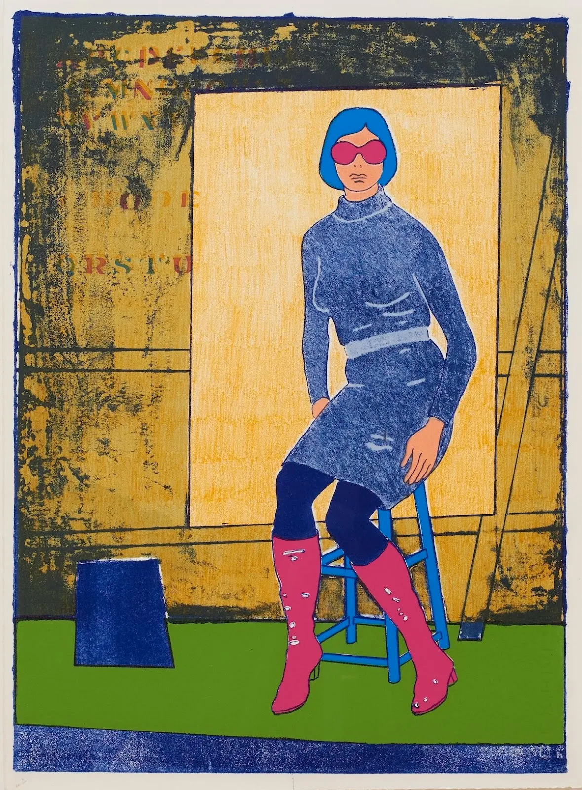 Erica Rutherford, print with short-haired woman sitting in blue dress and pink boots in front of yellow wall, lithograph, group exhibition the boys club redacted at susan inglett gallery curated by cortney connolly.