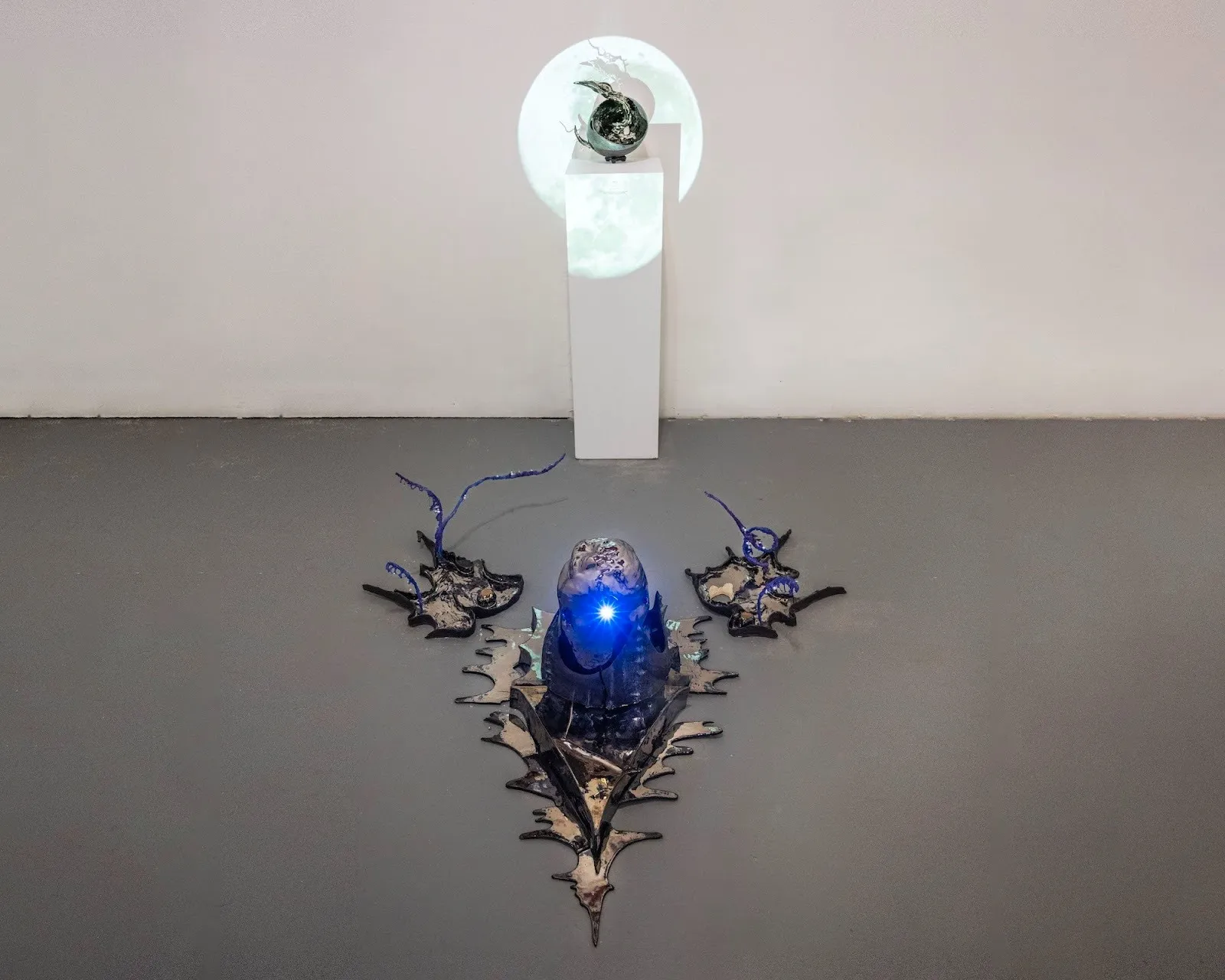 Leah ying lin, installation with blue light and projection, lunar moth shadow, arts letters numbers residency, interview with impulse magazine, jenny wang.