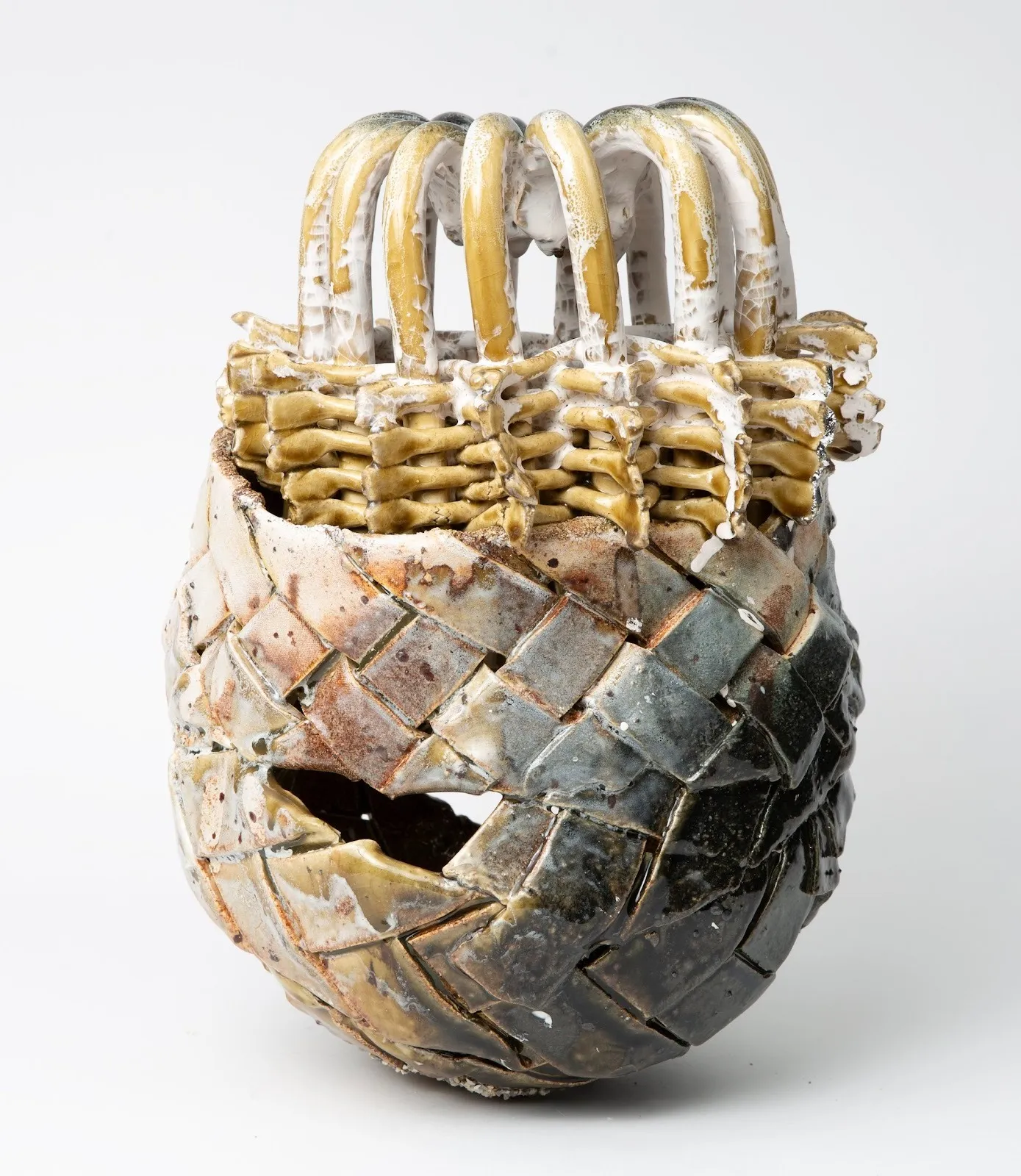 Goombay, Earth colored round woven clay, ceramic vessel like sculpture, bahamas plaiting technique, Anina Major impulse magazine interview with jenny wang.