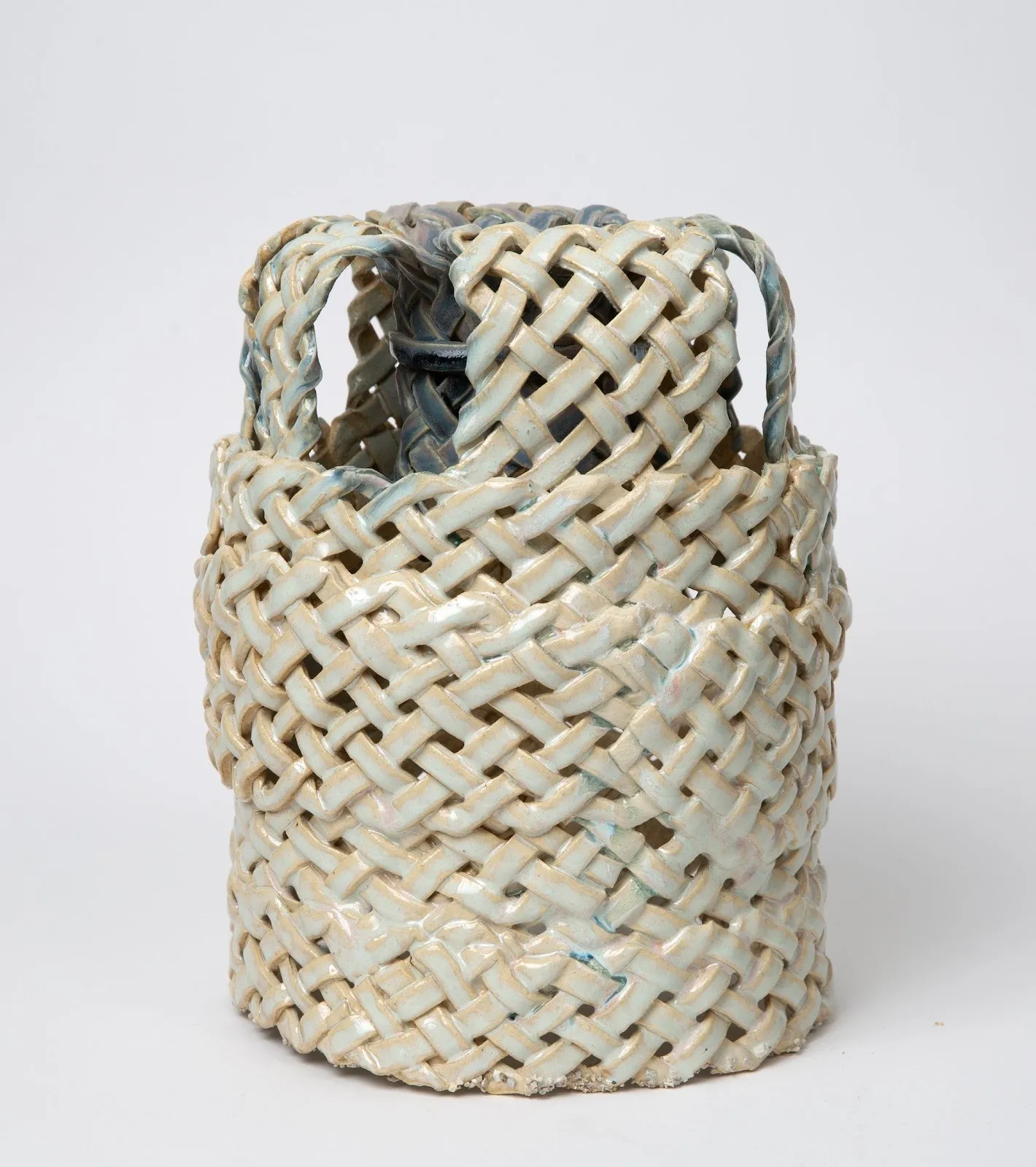 Cathedral, white and Cerulean blue ceramic woven basket by Anina Major impulse magazine interview with jenny wang.
