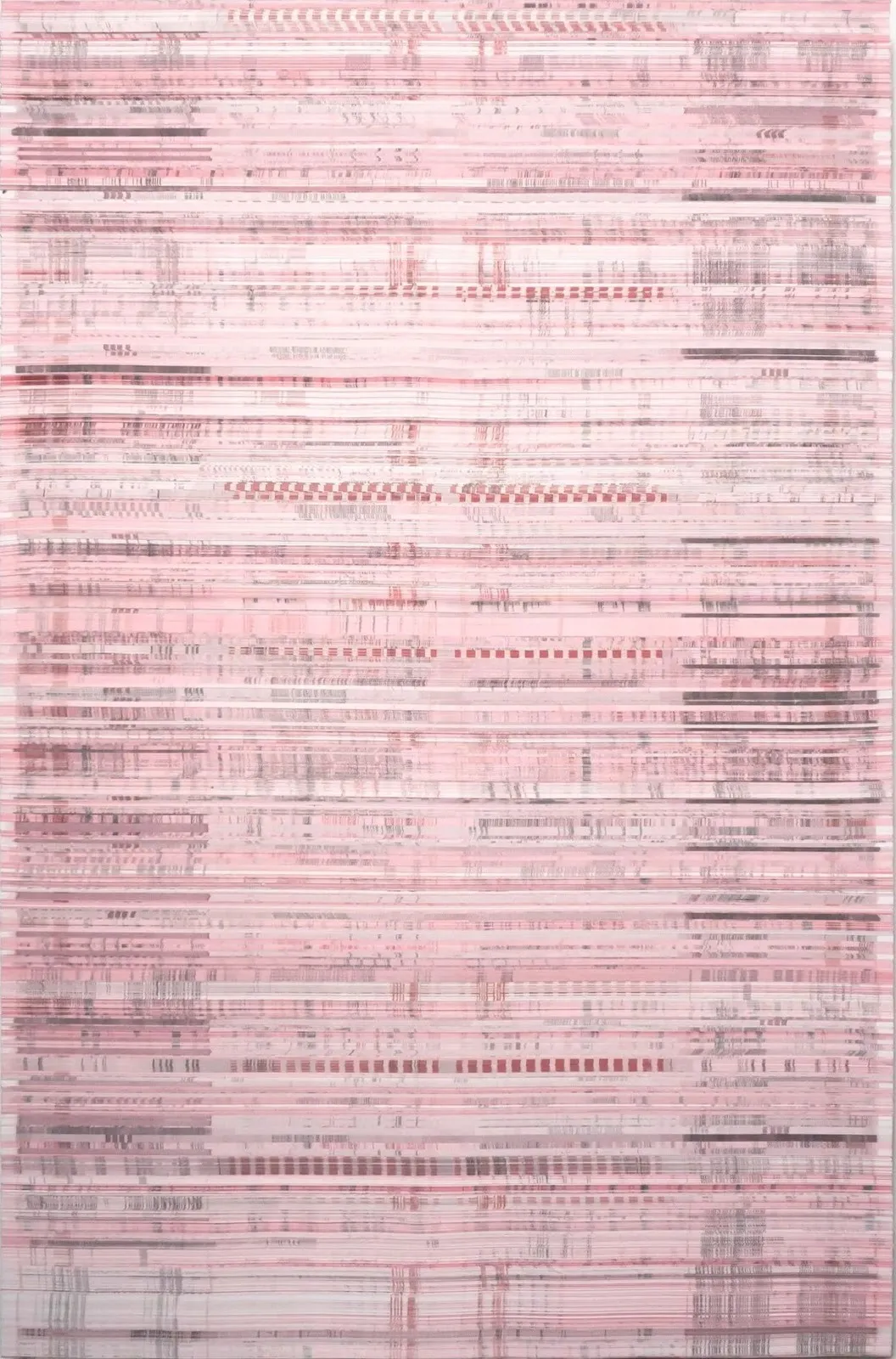 Stacks of Chinese restaurant takeout menu organized and collected from establishments, red and white collage with grids, the Brooklyn artists exhibition reviewed by impulse magazine.