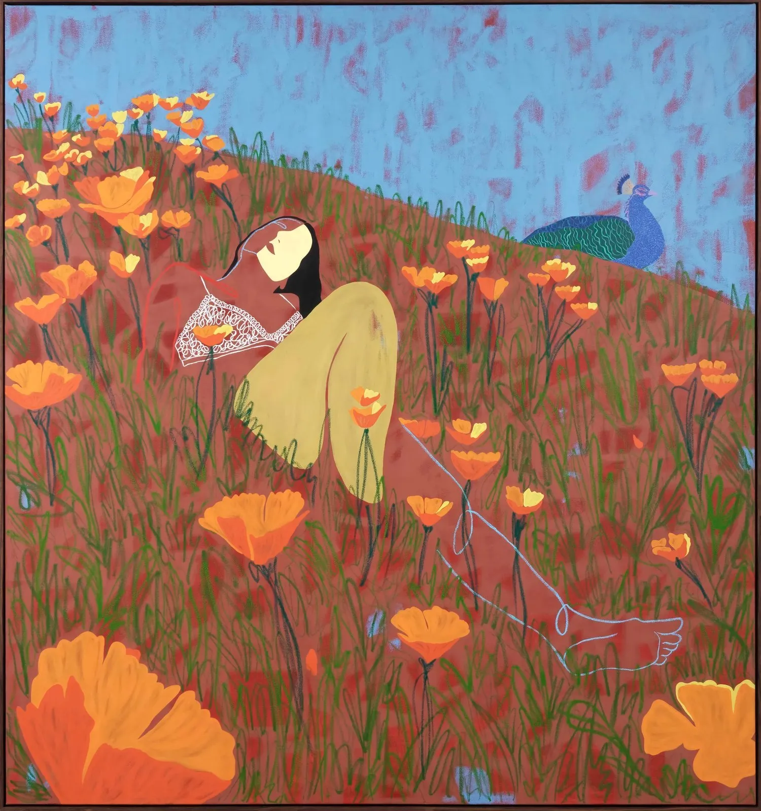Painting of one female figure sitting in poppy field looking up at sky with peacock in the background, indian painter anoushka mirchandani, field of secrets oil painting, impulse magazine interview with shreya ajmani.